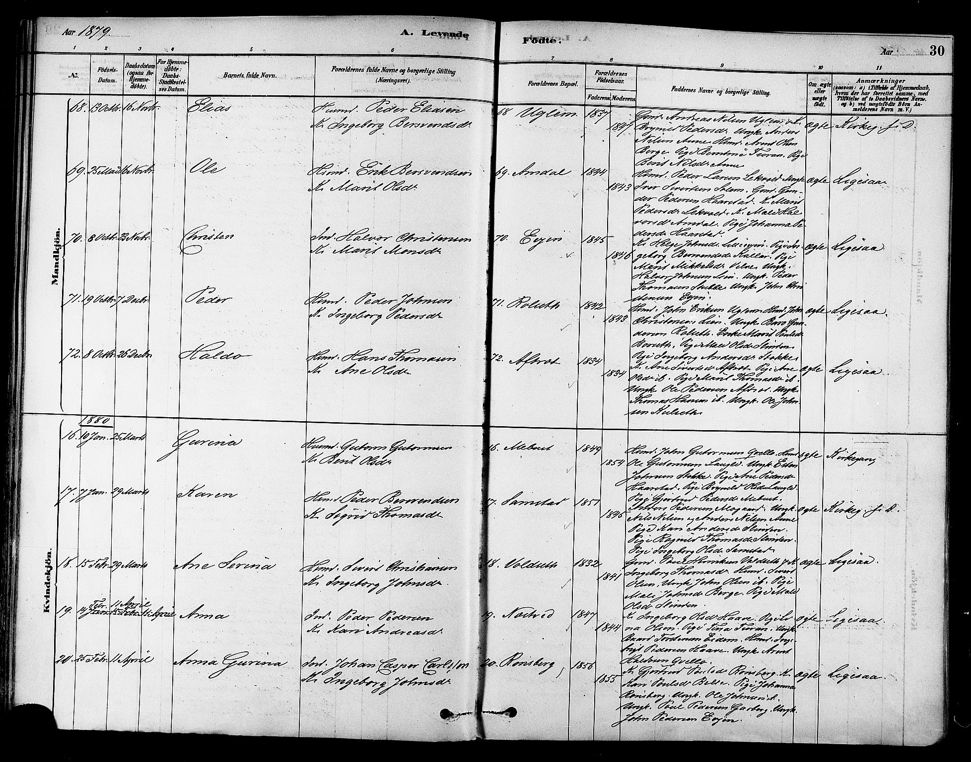 Ministerialprotokoller, klokkerbøker og fødselsregistre - Sør-Trøndelag, SAT/A-1456/695/L1148: Parish register (official) no. 695A08, 1878-1891, p. 30