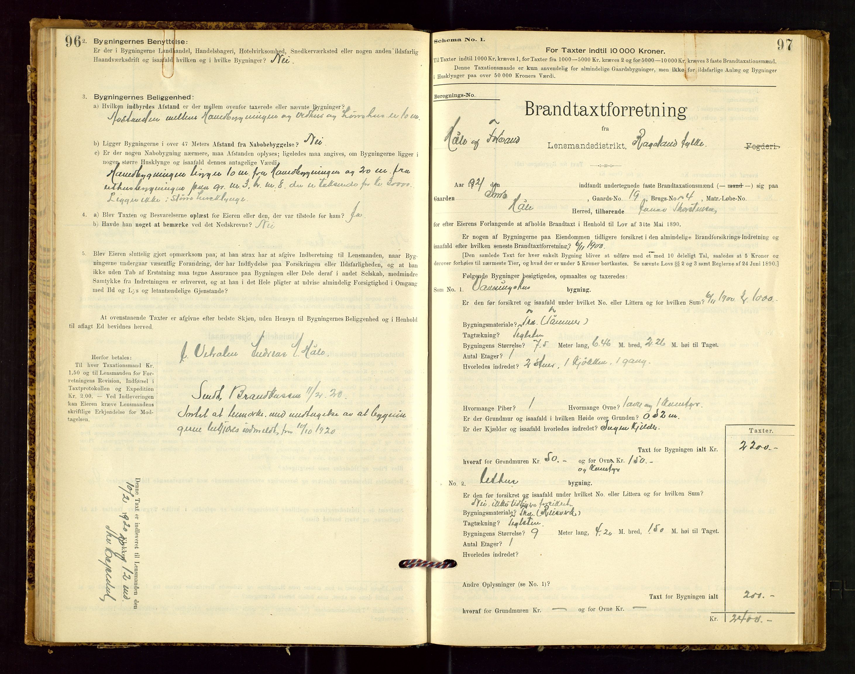 Høle og Forsand lensmannskontor, SAST/A-100127/Gob/L0001: "Brandtaxtprotokol" - skjematakst, 1897-1940, p. 96-97