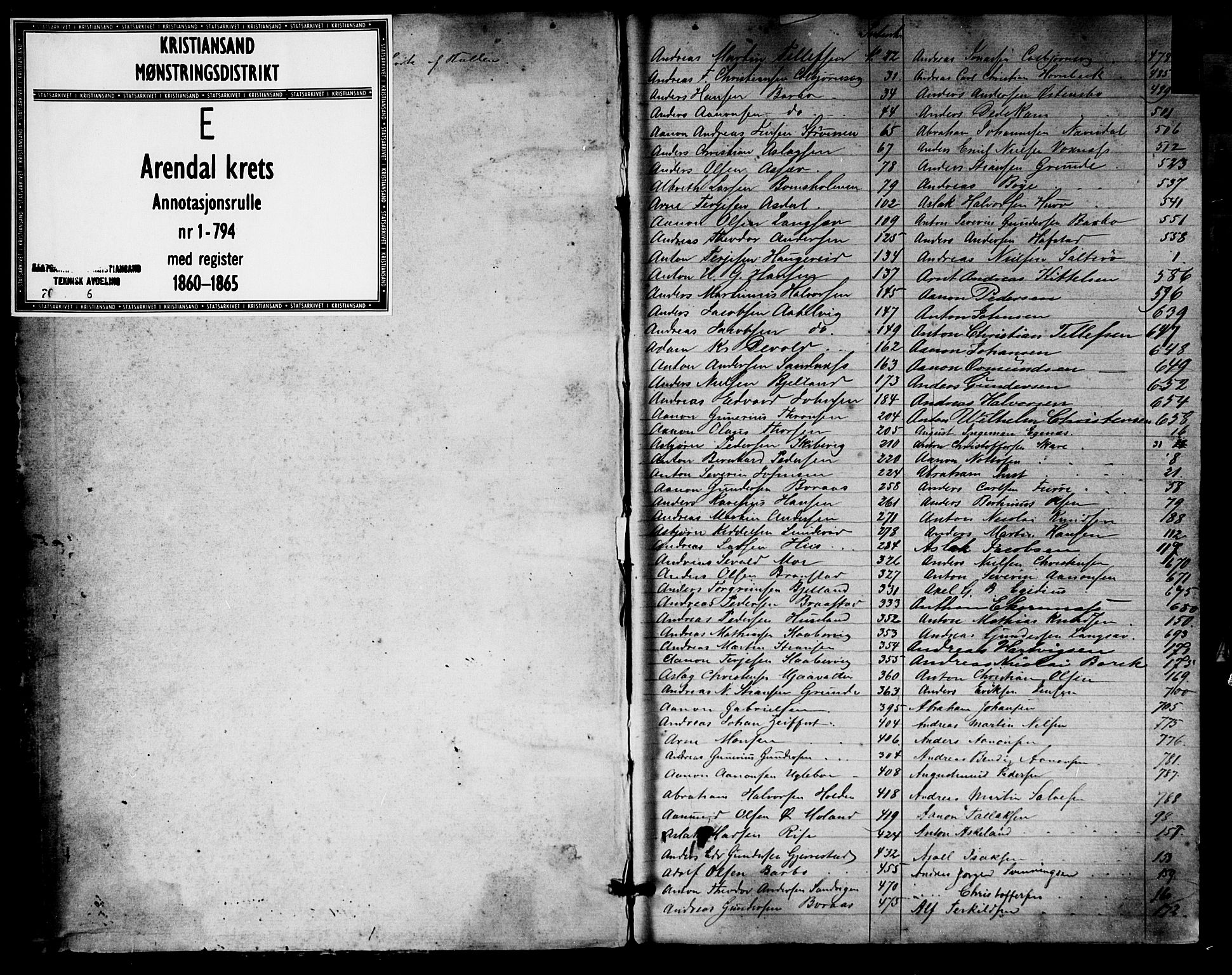 Arendal mønstringskrets, SAK/2031-0012/F/Fa/L0001: Annotasjonsrulle nr 1-794 med register, E-1, 1860-1865, p. 1