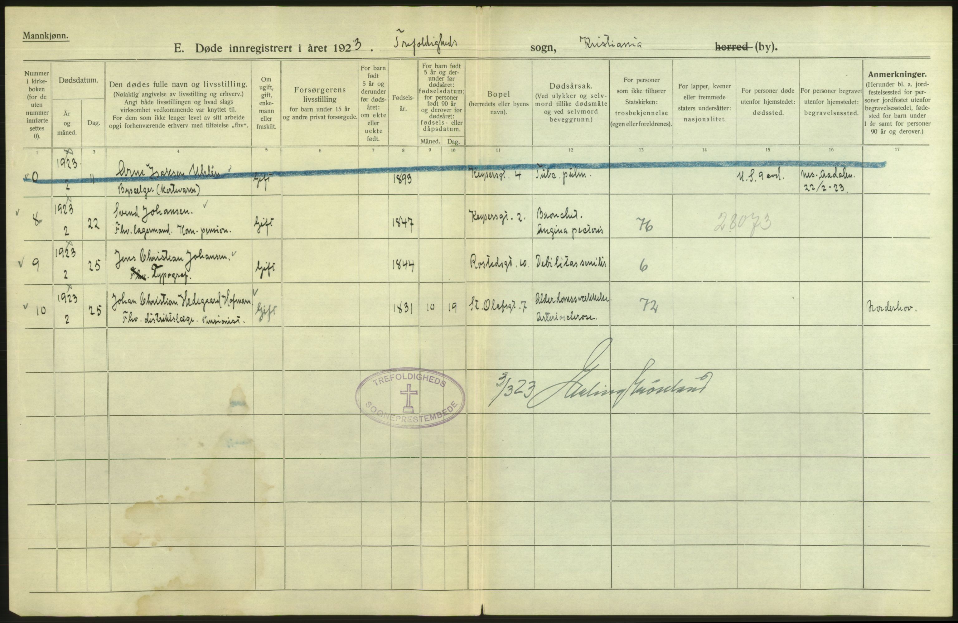 Statistisk sentralbyrå, Sosiodemografiske emner, Befolkning, RA/S-2228/D/Df/Dfc/Dfcc/L0009: Kristiania: Døde, 1923, p. 182