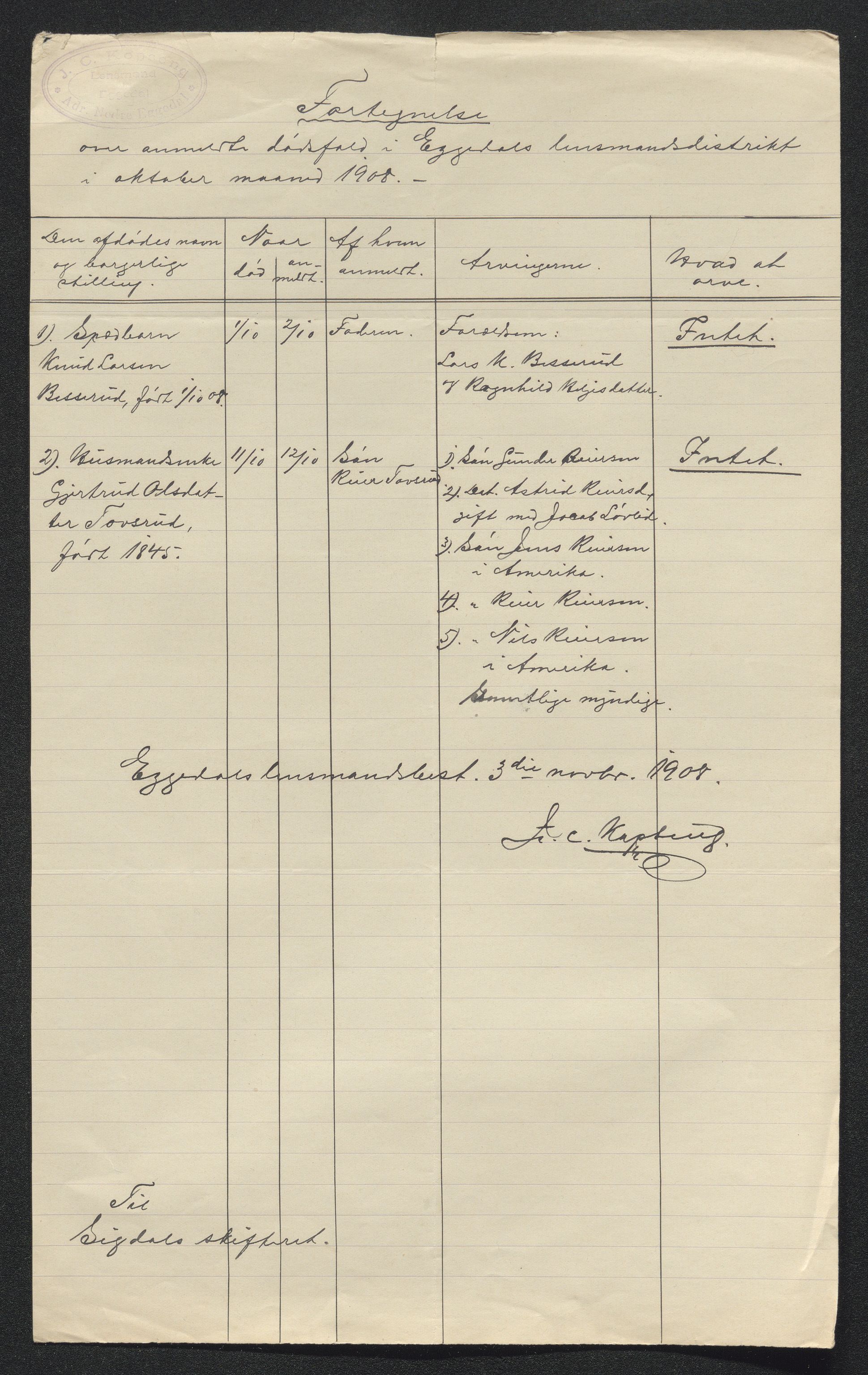 Eiker, Modum og Sigdal sorenskriveri, AV/SAKO-A-123/H/Ha/Hab/L0032: Dødsfallsmeldinger, 1907-1908, p. 759