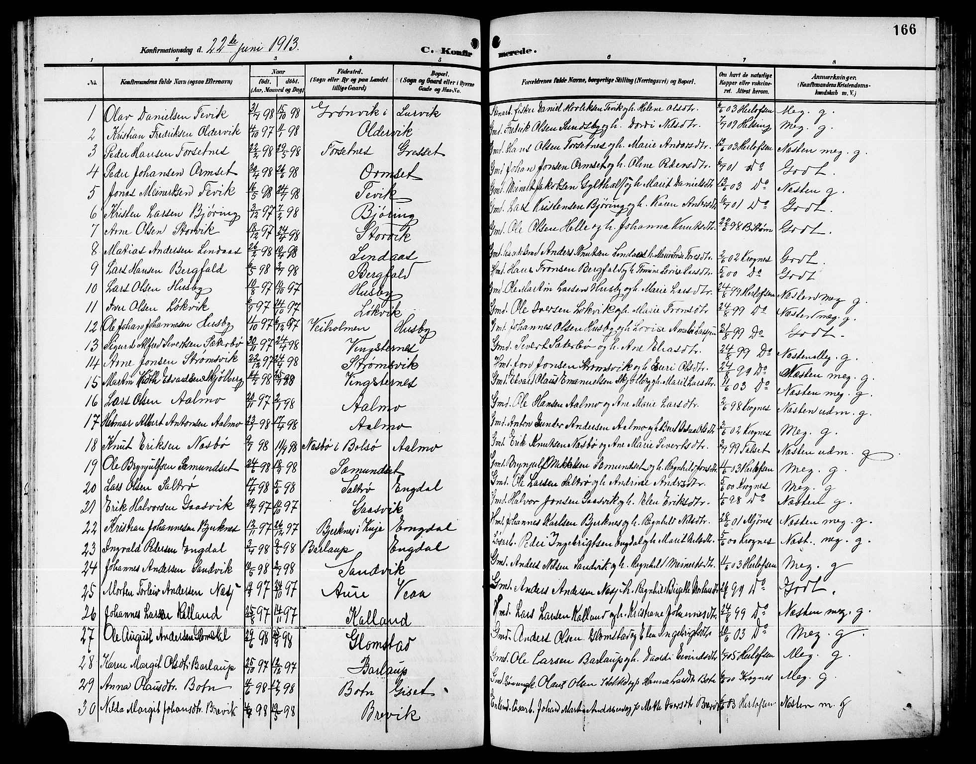 Ministerialprotokoller, klokkerbøker og fødselsregistre - Møre og Romsdal, SAT/A-1454/578/L0910: Parish register (copy) no. 578C03, 1900-1921, p. 166