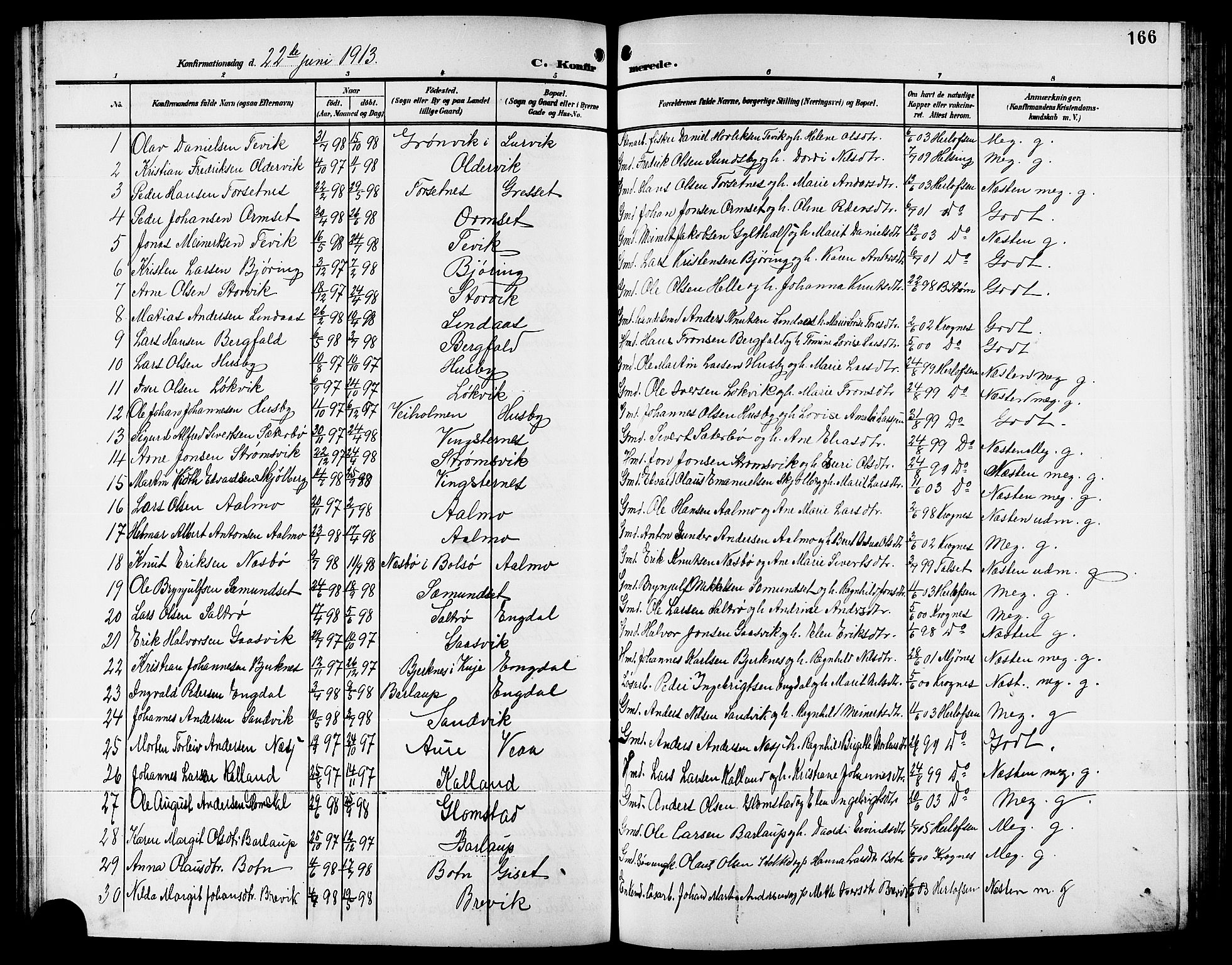 Ministerialprotokoller, klokkerbøker og fødselsregistre - Møre og Romsdal, AV/SAT-A-1454/578/L0910: Parish register (copy) no. 578C03, 1900-1921, p. 166