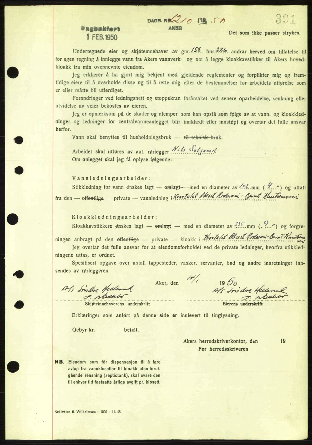 Oslo byskriverembete, AV/SAO-A-10227/G/Gb/Gbd/Gbda/L0017: Mortgage book no. A215, 1949-1950, Diary no: : 1210/1950