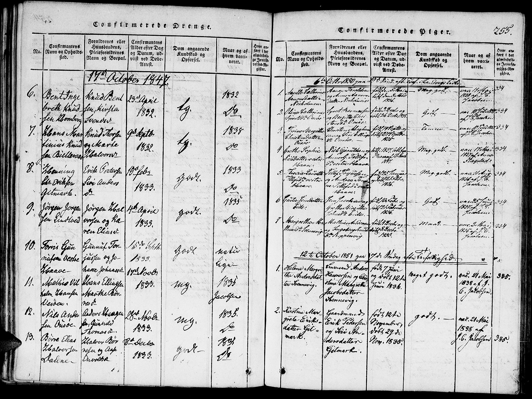 Hommedal sokneprestkontor, SAK/1111-0023/F/Fa/Faa/L0001: Parish register (official) no. A 1, 1816-1860, p. 255