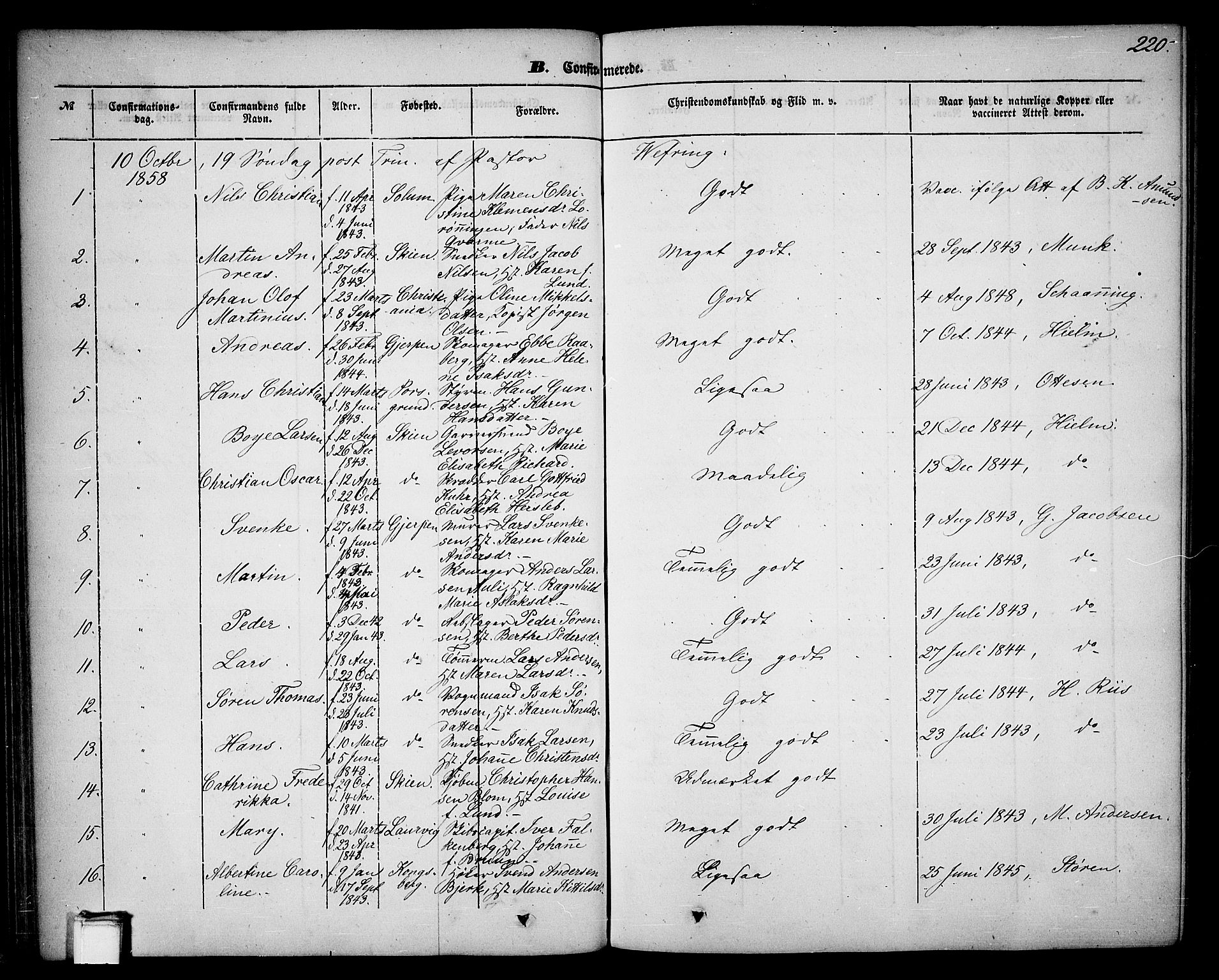 Skien kirkebøker, AV/SAKO-A-302/G/Ga/L0004: Parish register (copy) no. 4, 1843-1867, p. 220