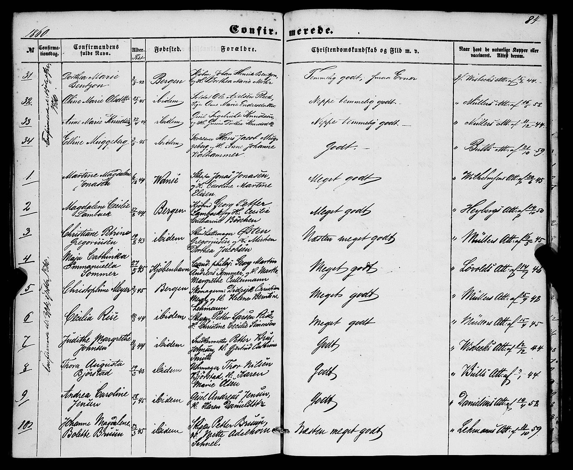 Nykirken Sokneprestembete, SAB/A-77101/H/Haa/L0023: Parish register (official) no. C 2, 1851-1863, p. 84