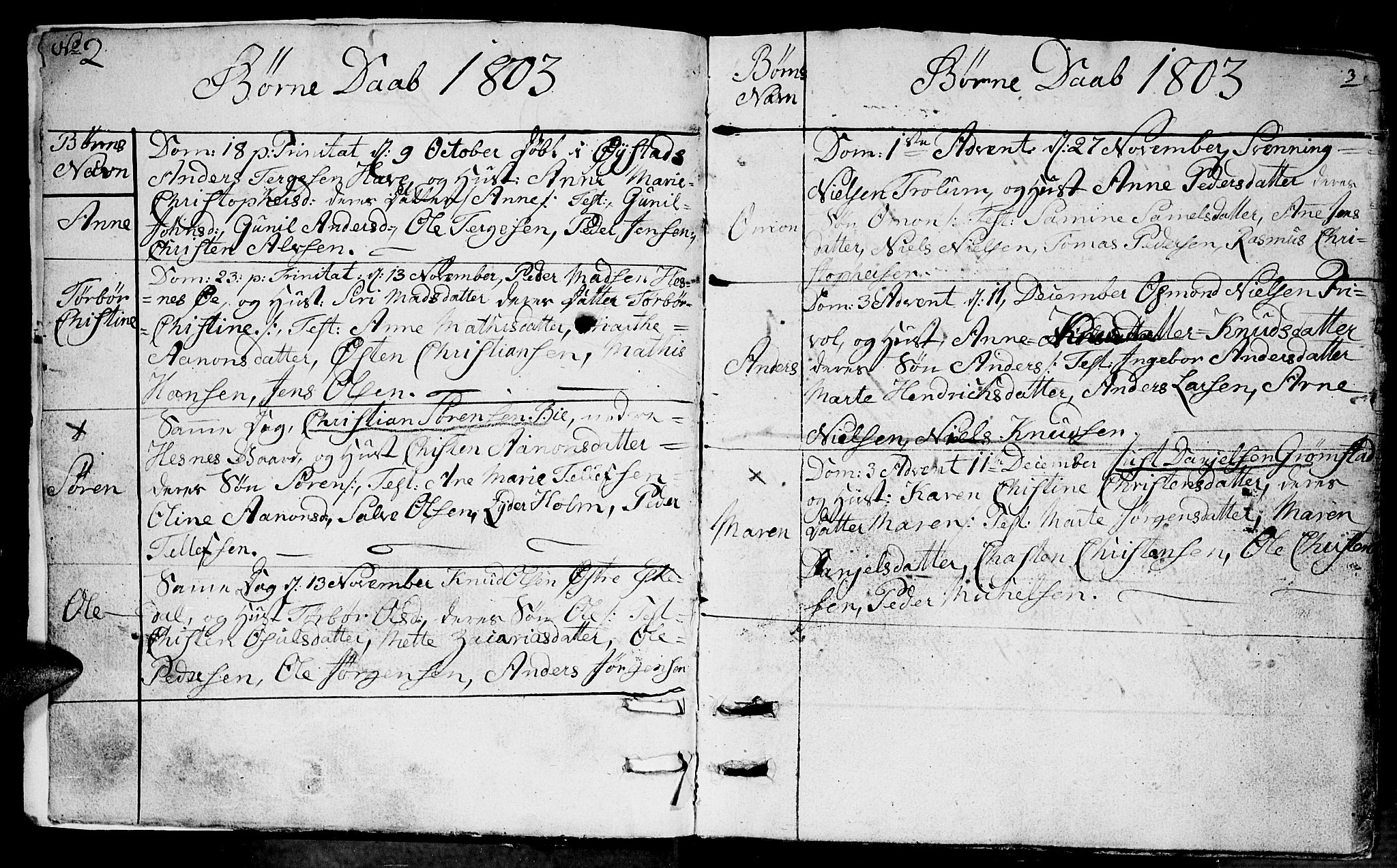 Fjære sokneprestkontor, SAK/1111-0011/F/Fb/L0006: Parish register (copy) no. B 6, 1803-1817, p. 2-3
