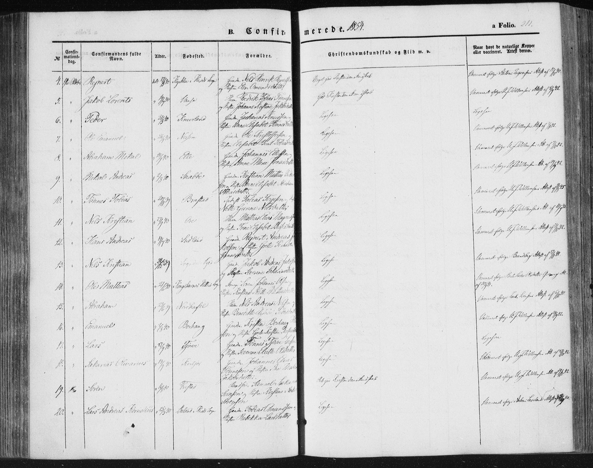 Lista sokneprestkontor, AV/SAK-1111-0027/F/Fa/L0010: Parish register (official) no. A 10, 1846-1861, p. 211