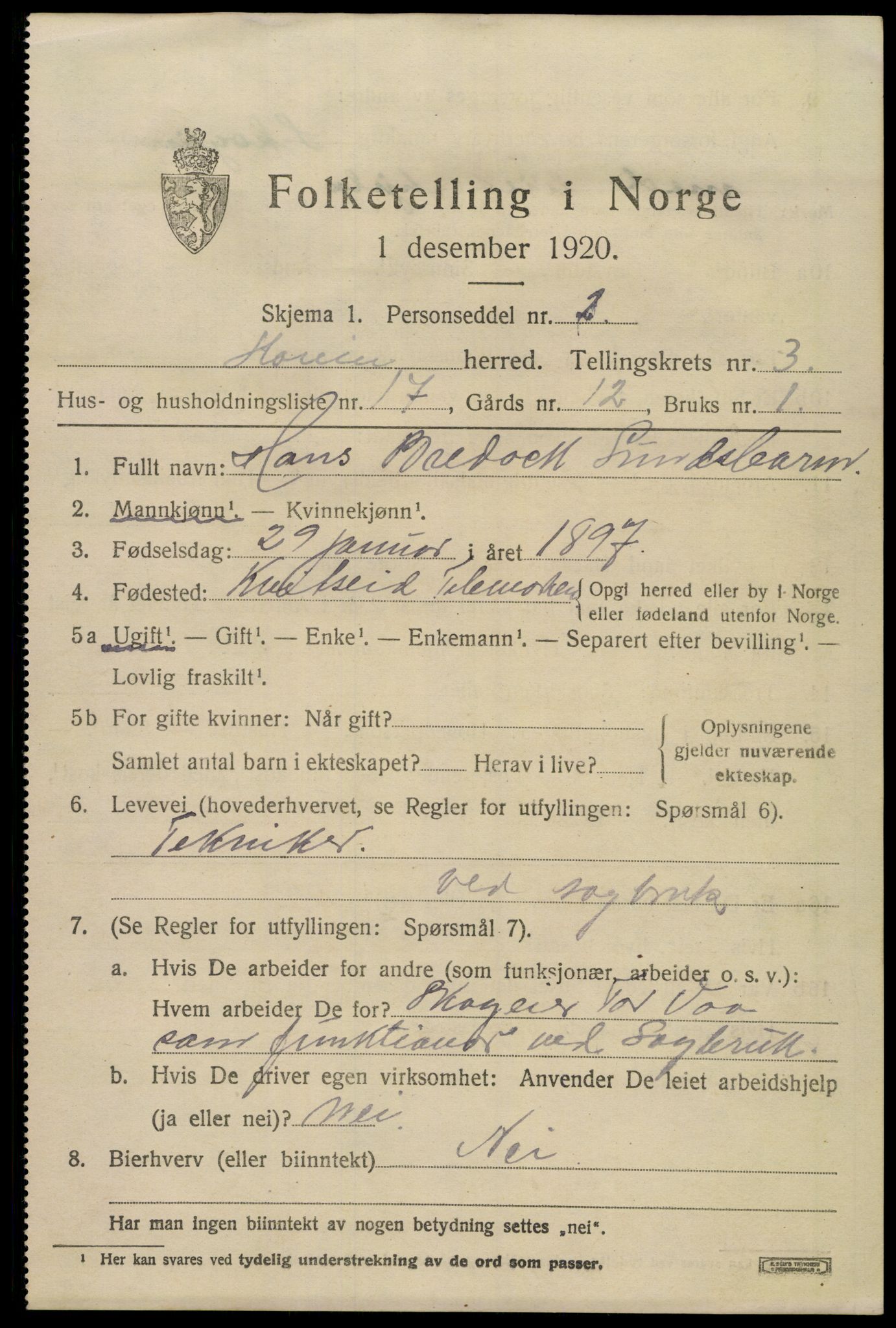 SAKO, 1920 census for Hovin, 1920, p. 1147