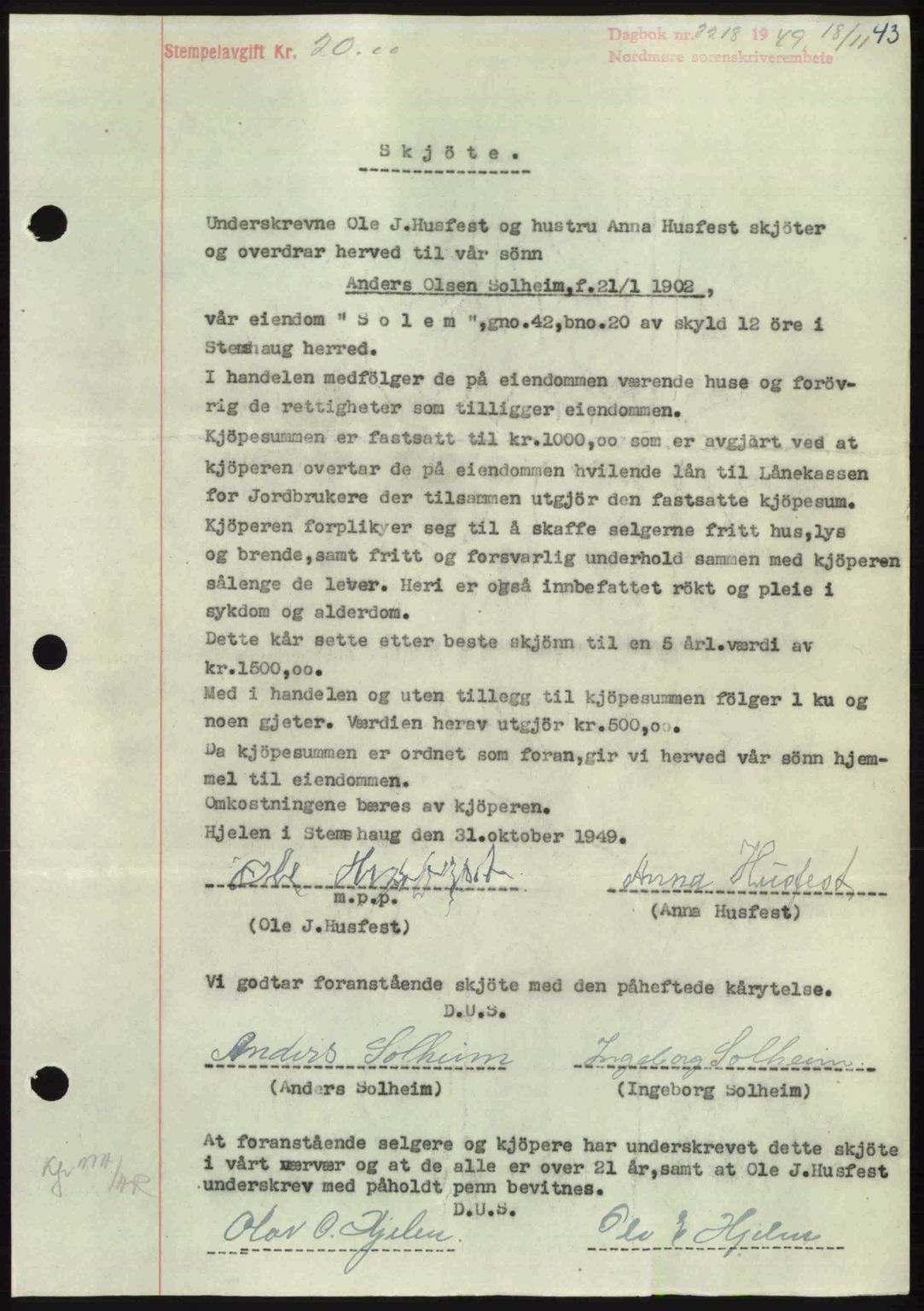 Nordmøre sorenskriveri, AV/SAT-A-4132/1/2/2Ca: Mortgage book no. A113, 1949-1950, Diary no: : 3218/1949