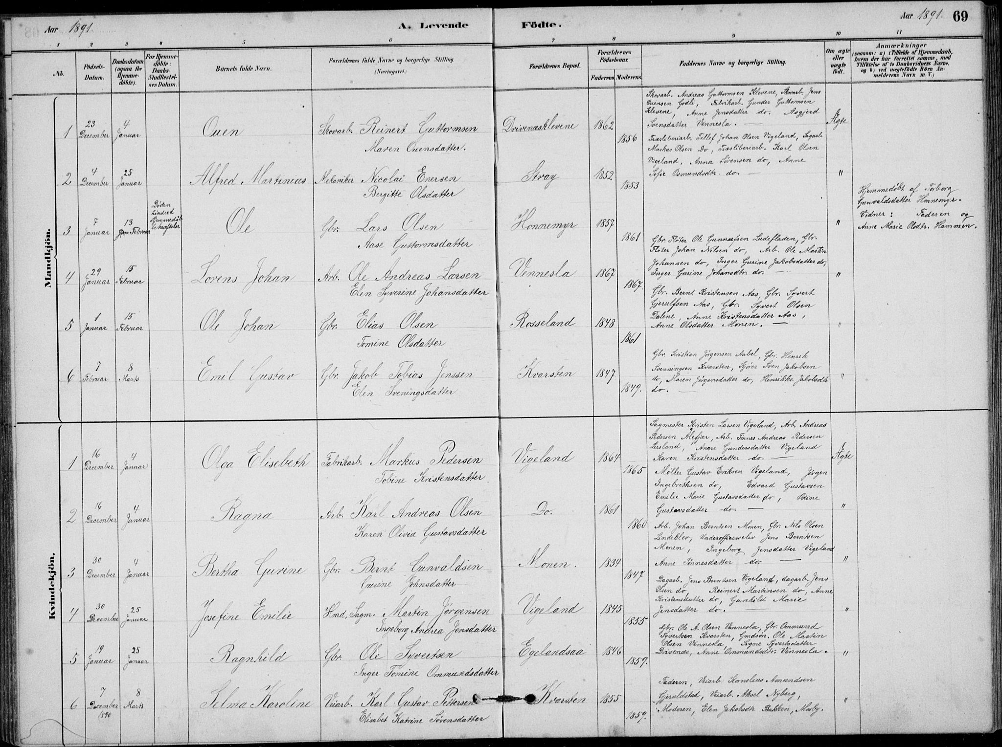 Vennesla sokneprestkontor, SAK/1111-0045/Fb/Fbb/L0003: Parish register (copy) no. B 3, 1879-1893, p. 69