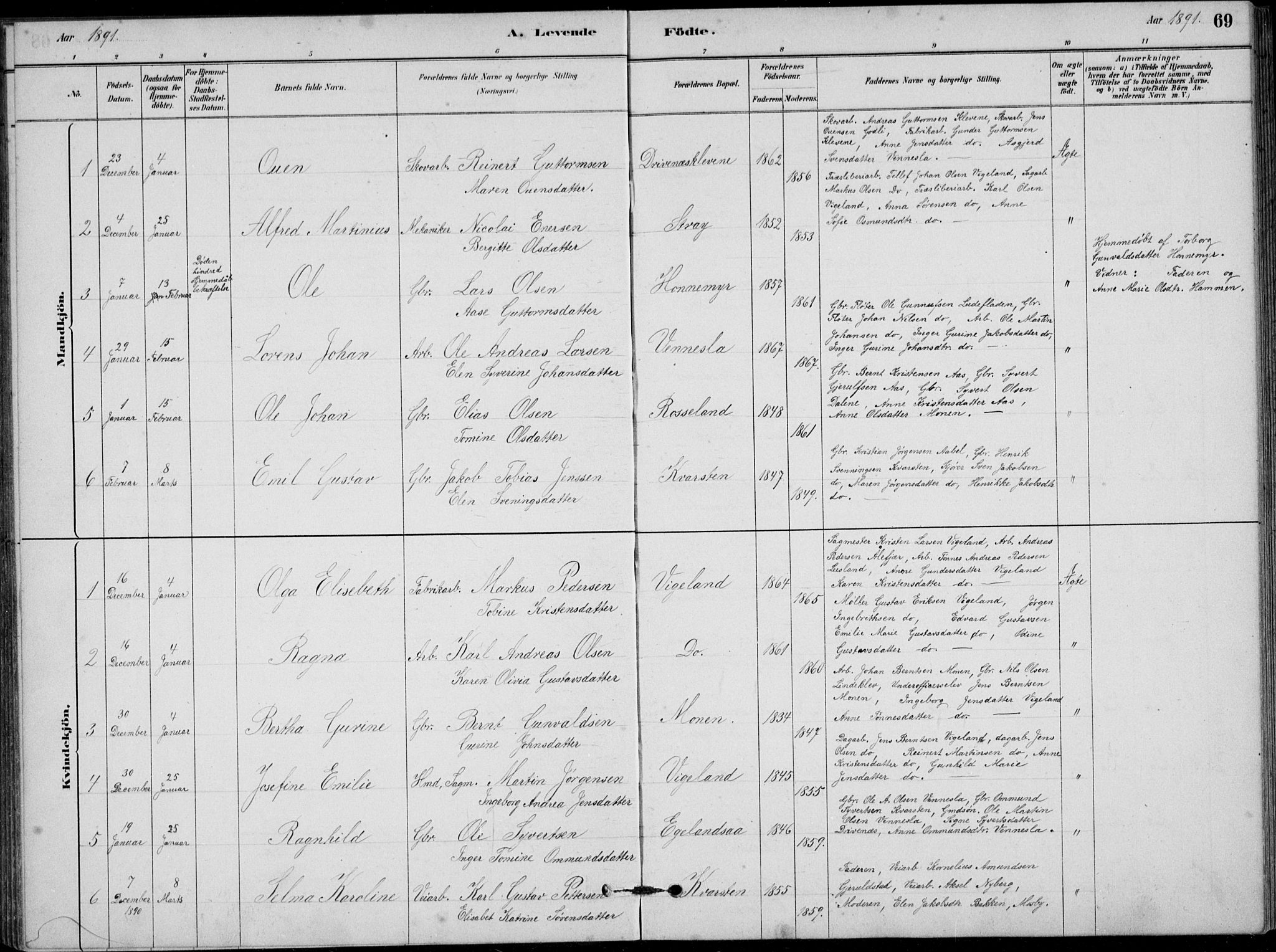 Vennesla sokneprestkontor, AV/SAK-1111-0045/Fb/Fbb/L0003: Parish register (copy) no. B 3, 1879-1893, p. 69