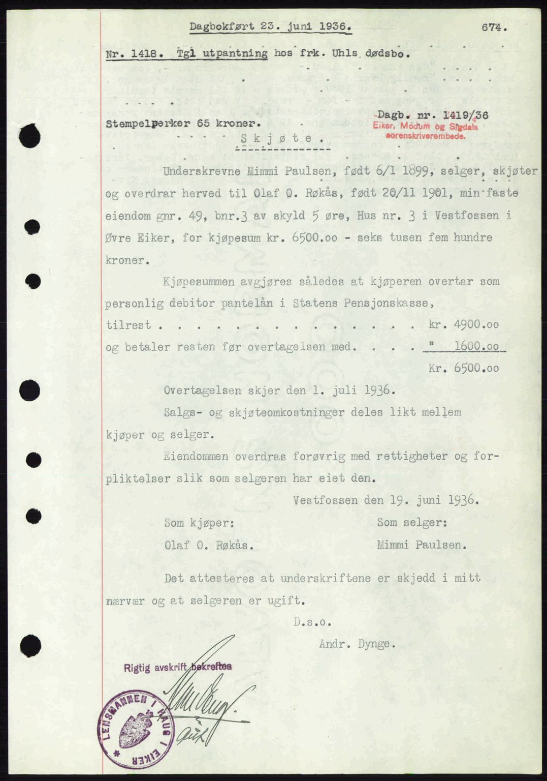 Eiker, Modum og Sigdal sorenskriveri, SAKO/A-123/G/Ga/Gab/L0032: Mortgage book no. A2, 1936-1936, Diary no: : 1419/1936