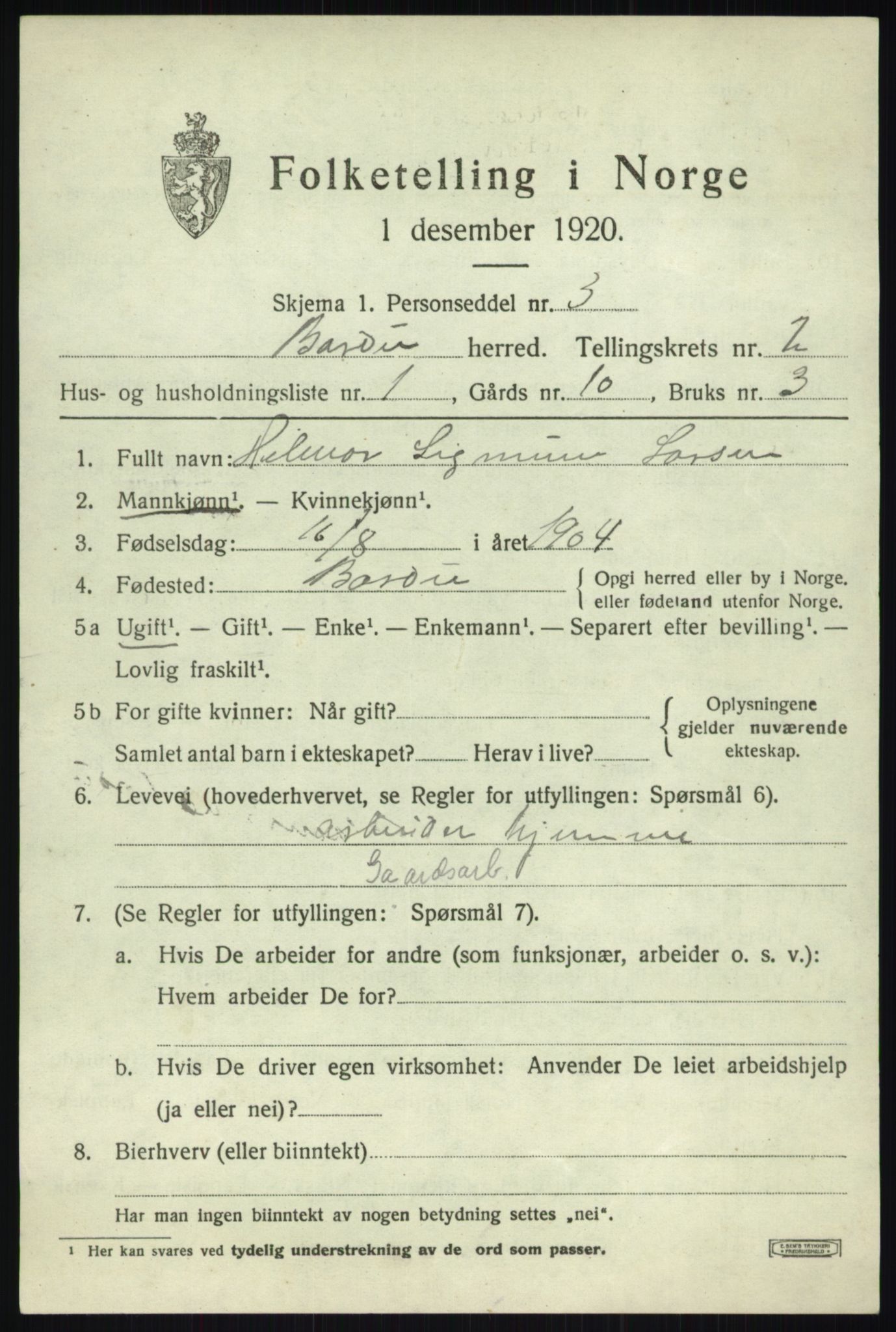 SATØ, 1920 census for Bardu, 1920, p. 950