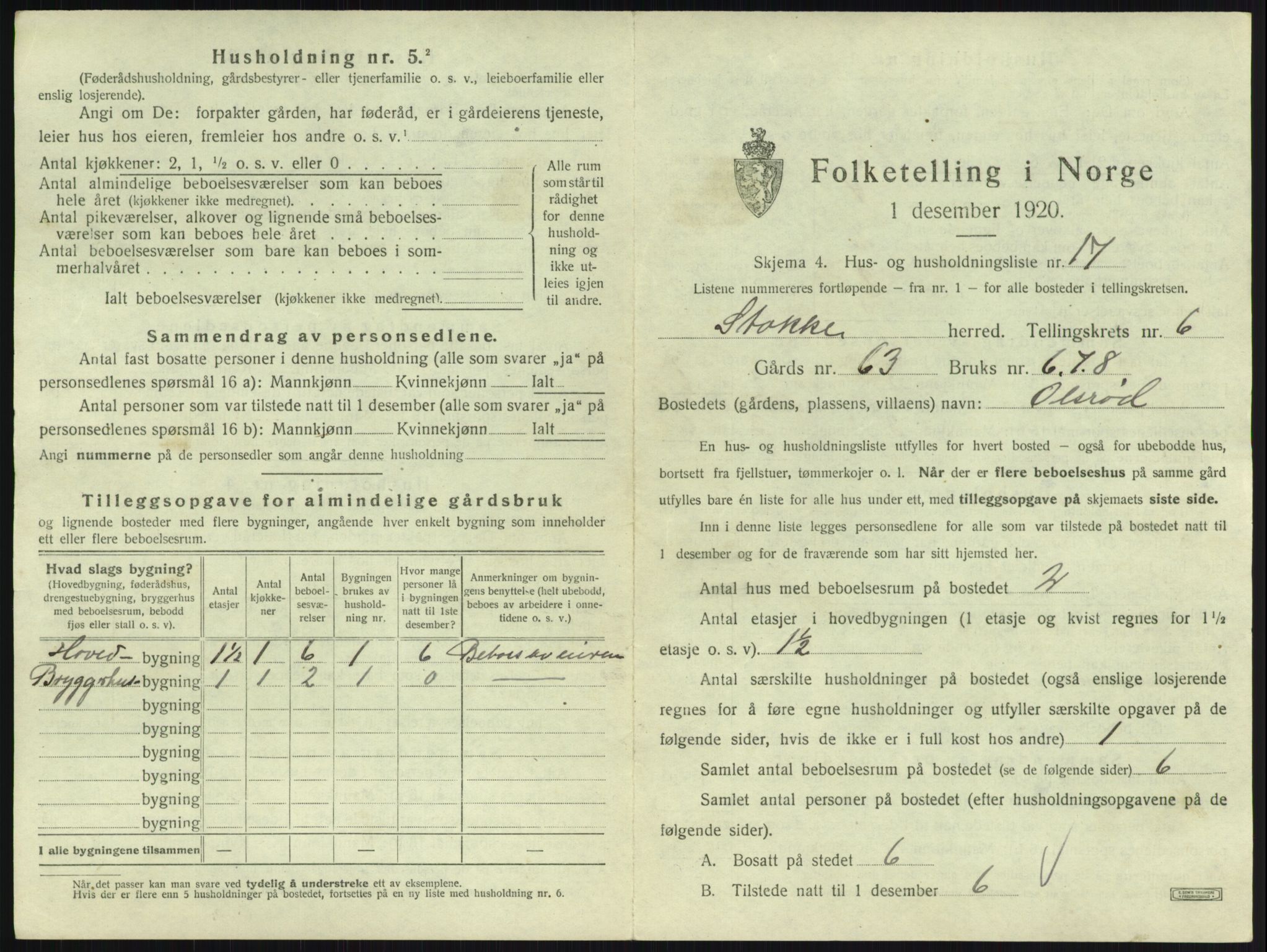 SAKO, 1920 census for Stokke, 1920, p. 1132