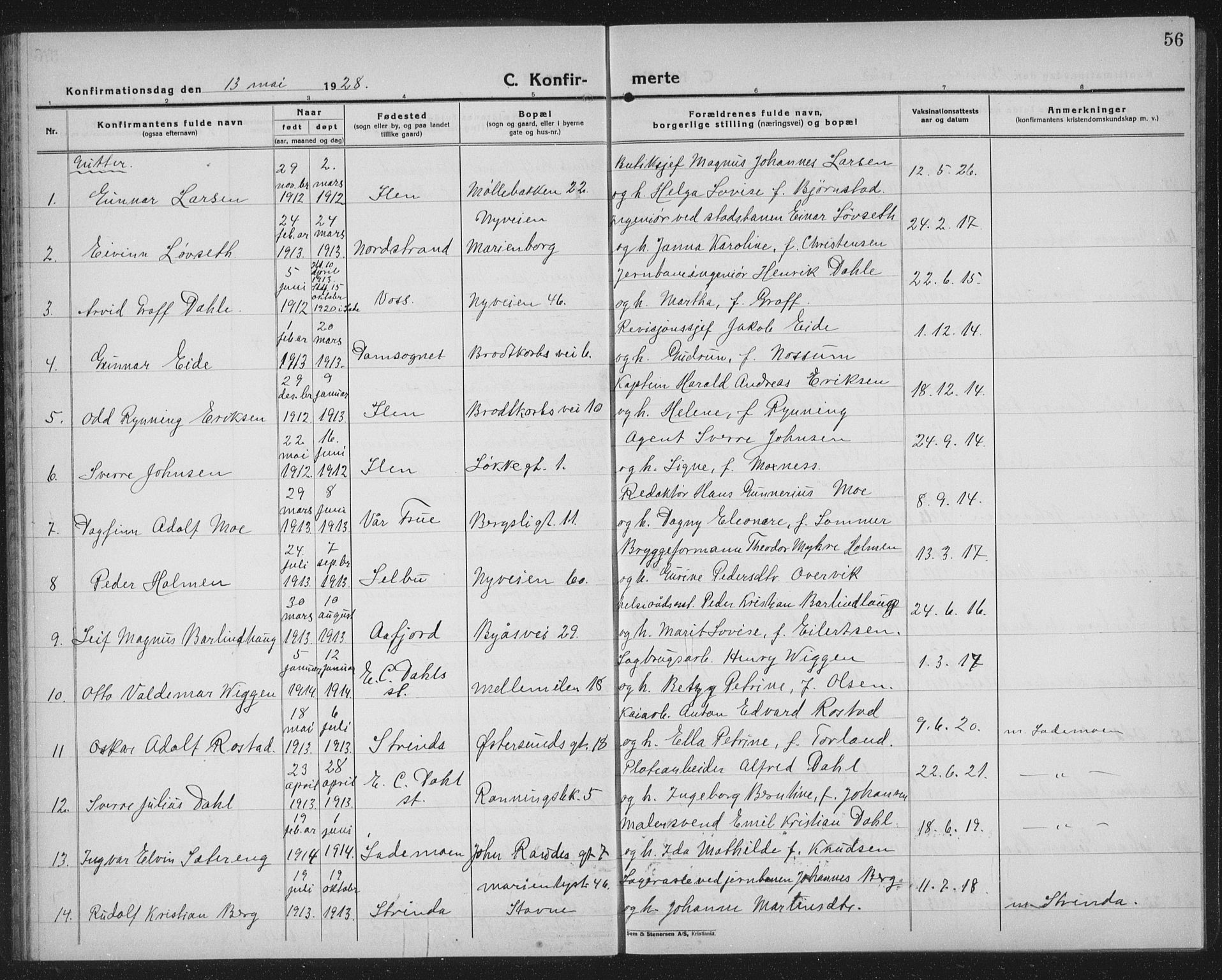 Ministerialprotokoller, klokkerbøker og fødselsregistre - Sør-Trøndelag, SAT/A-1456/603/L0175: Parish register (copy) no. 603C03, 1923-1941, p. 56