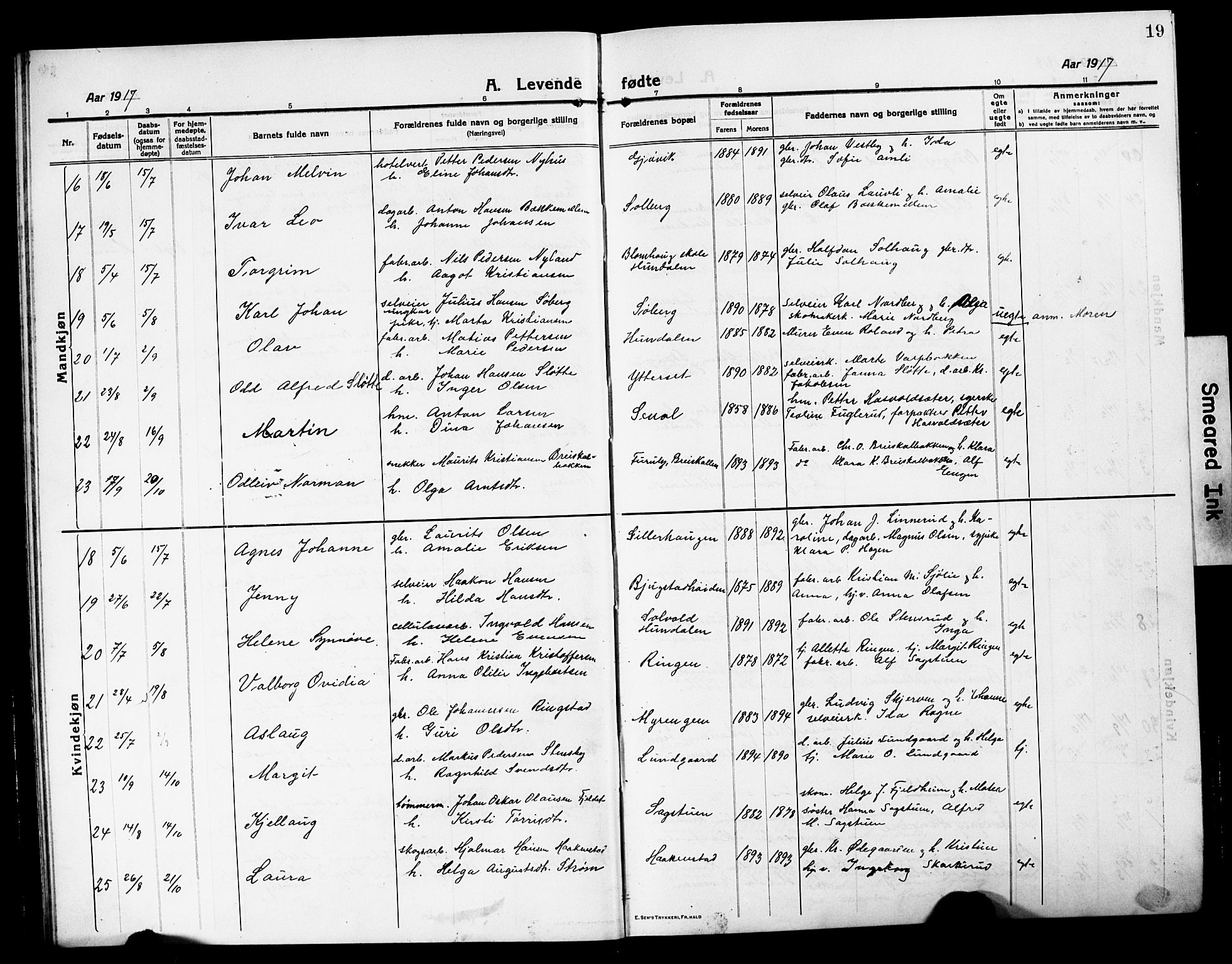 Vardal prestekontor, AV/SAH-PREST-100/H/Ha/Hab/L0015: Parish register (copy) no. 15, 1914-1931, p. 19