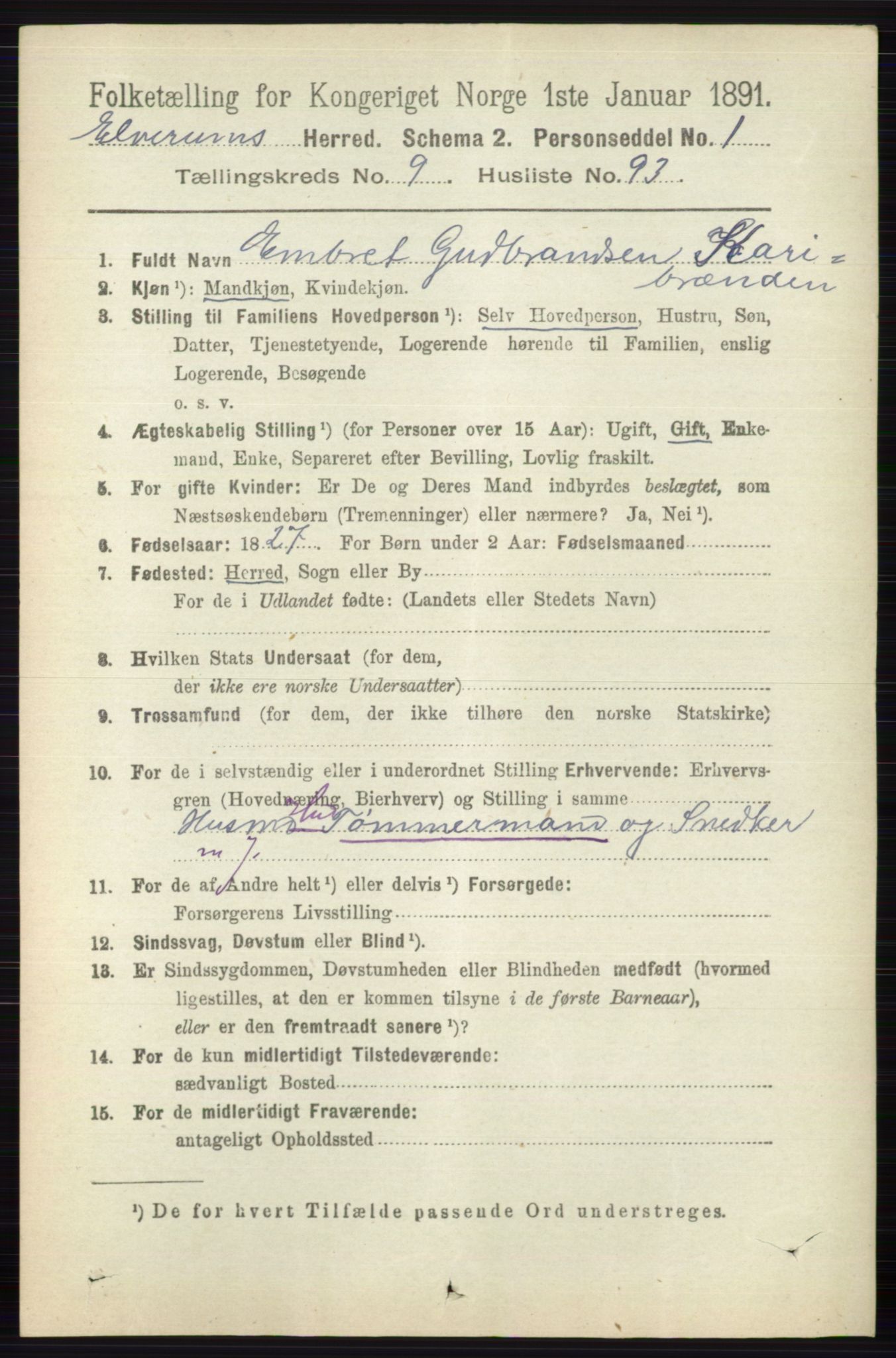 RA, 1891 census for 0427 Elverum, 1891, p. 8075