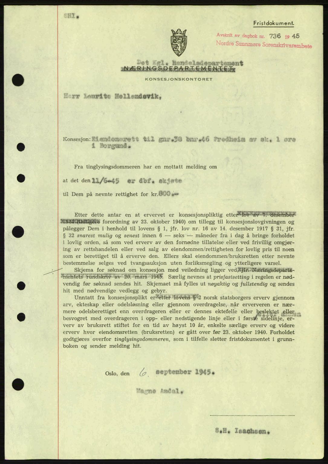 Nordre Sunnmøre sorenskriveri, SAT/A-0006/1/2/2C/2Ca: Mortgage book no. B6-14 a, 1942-1945, Diary no: : 736/1945