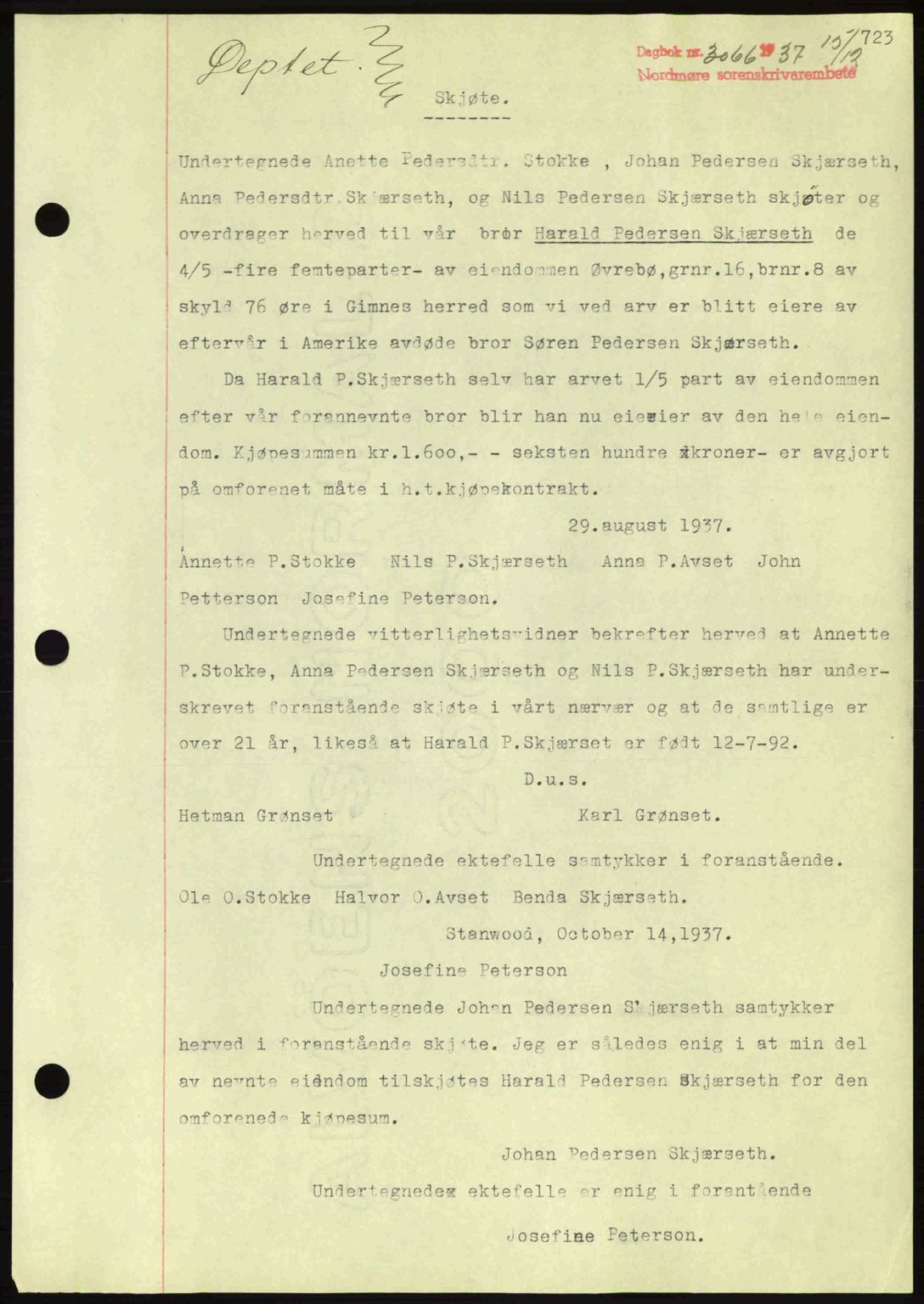 Nordmøre sorenskriveri, AV/SAT-A-4132/1/2/2Ca: Mortgage book no. A82, 1937-1938, Diary no: : 3066/1937