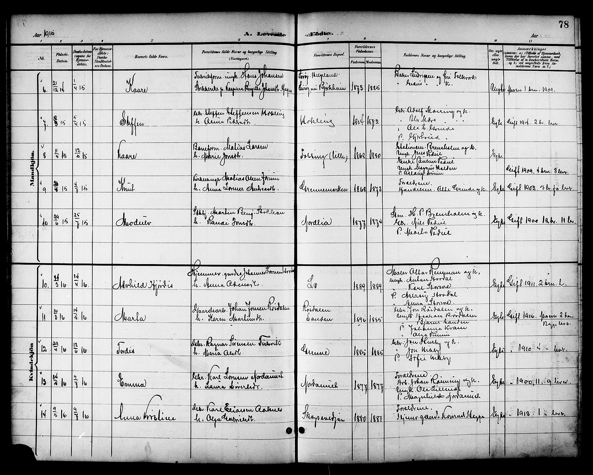 Ministerialprotokoller, klokkerbøker og fødselsregistre - Nord-Trøndelag, SAT/A-1458/714/L0135: Parish register (copy) no. 714C04, 1899-1918, p. 78