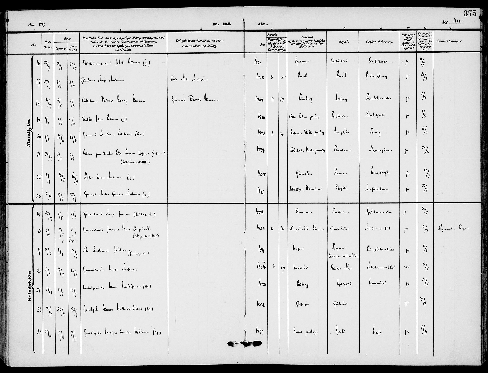 Nøtterøy kirkebøker, AV/SAKO-A-354/F/Fa/L0010: Parish register (official) no. I 10, 1908-1919, p. 375