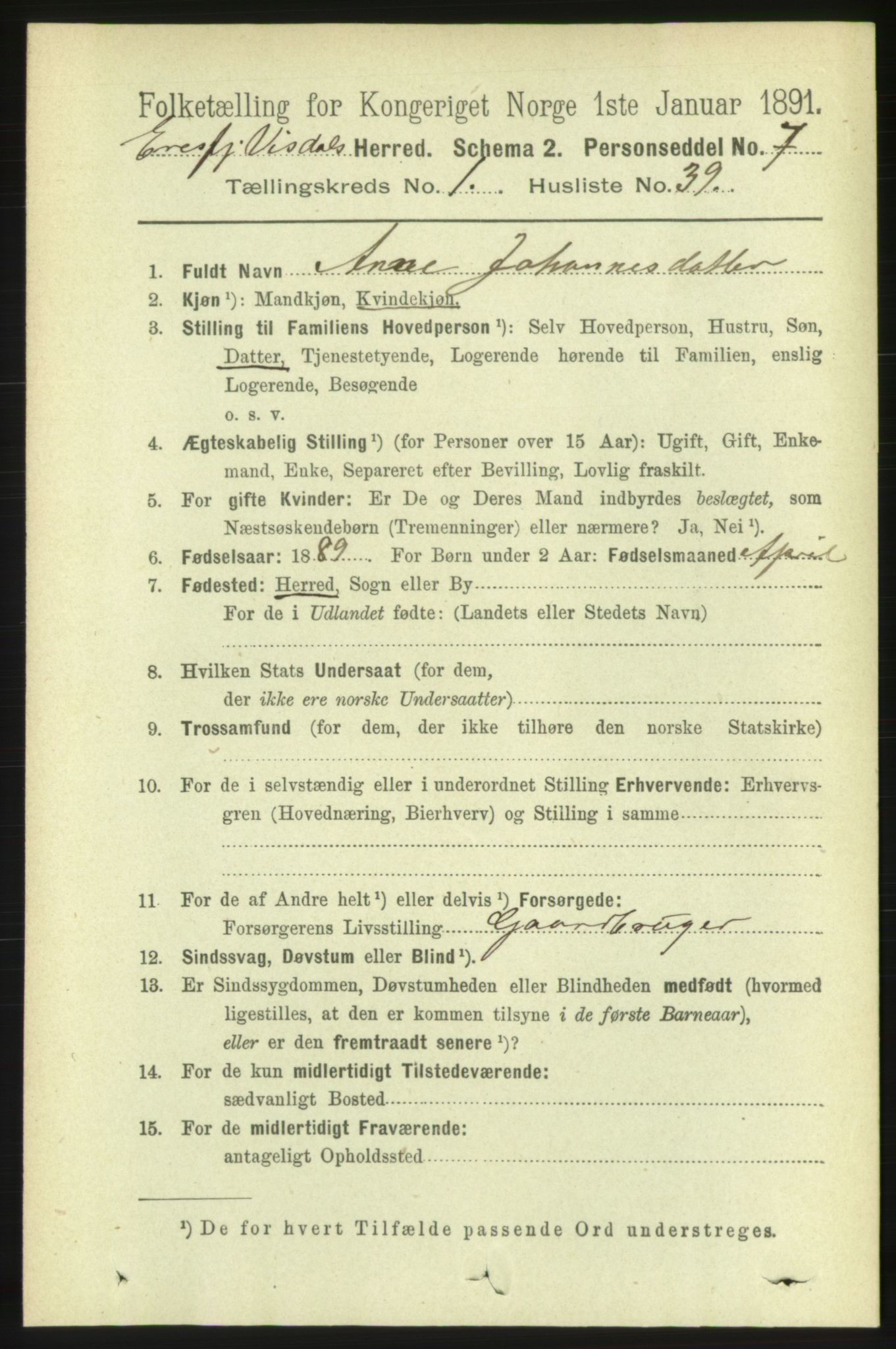 RA, 1891 census for 1542 Eresfjord og Vistdal, 1891, p. 303