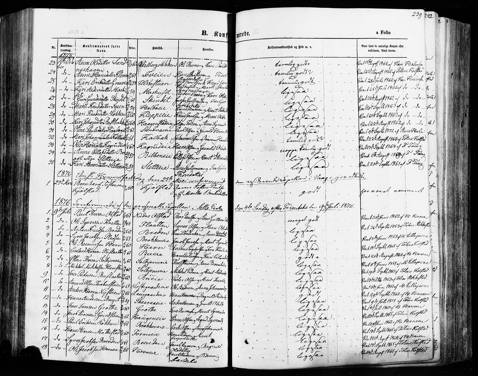 Vågå prestekontor, AV/SAH-PREST-076/H/Ha/Haa/L0007: Parish register (official) no. 7 /1, 1872-1886, p. 239