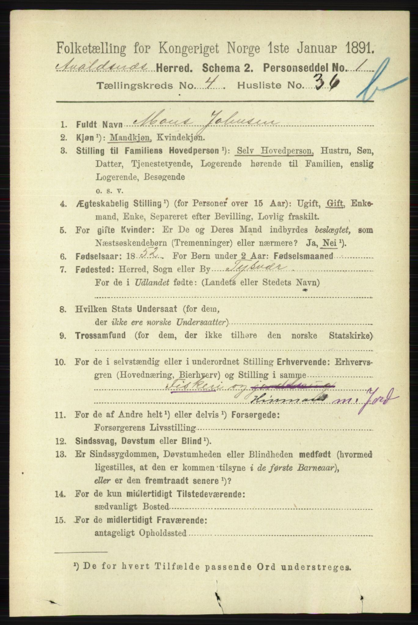 RA, 1891 census for 1147 Avaldsnes, 1891, p. 2984