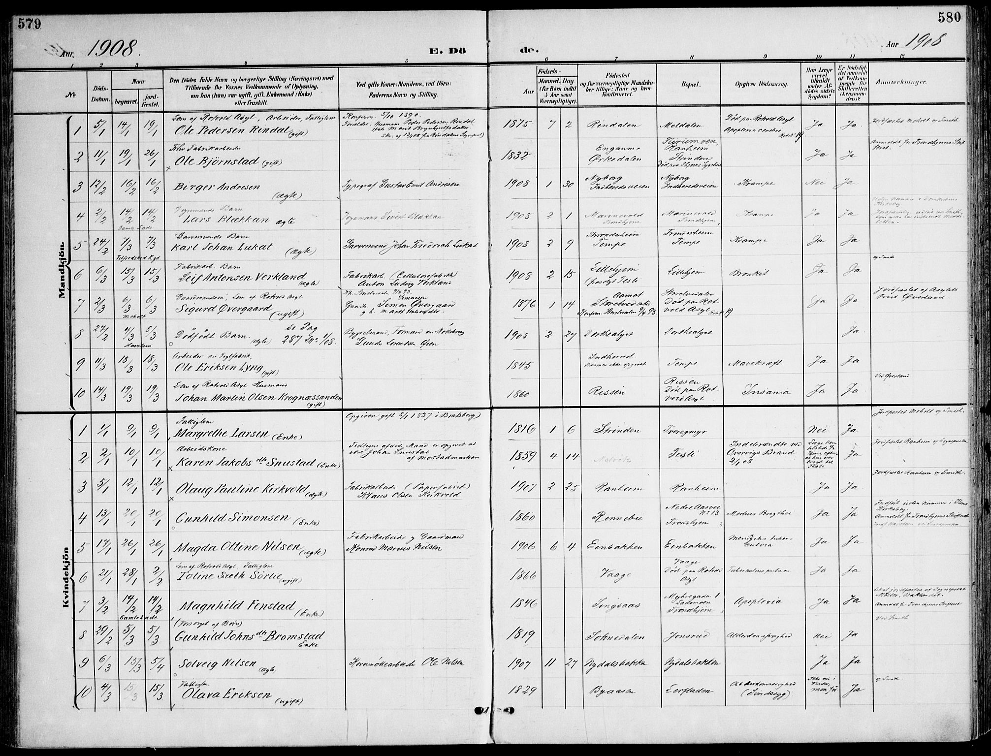 Ministerialprotokoller, klokkerbøker og fødselsregistre - Sør-Trøndelag, SAT/A-1456/607/L0320: Parish register (official) no. 607A04, 1907-1915, p. 579-580