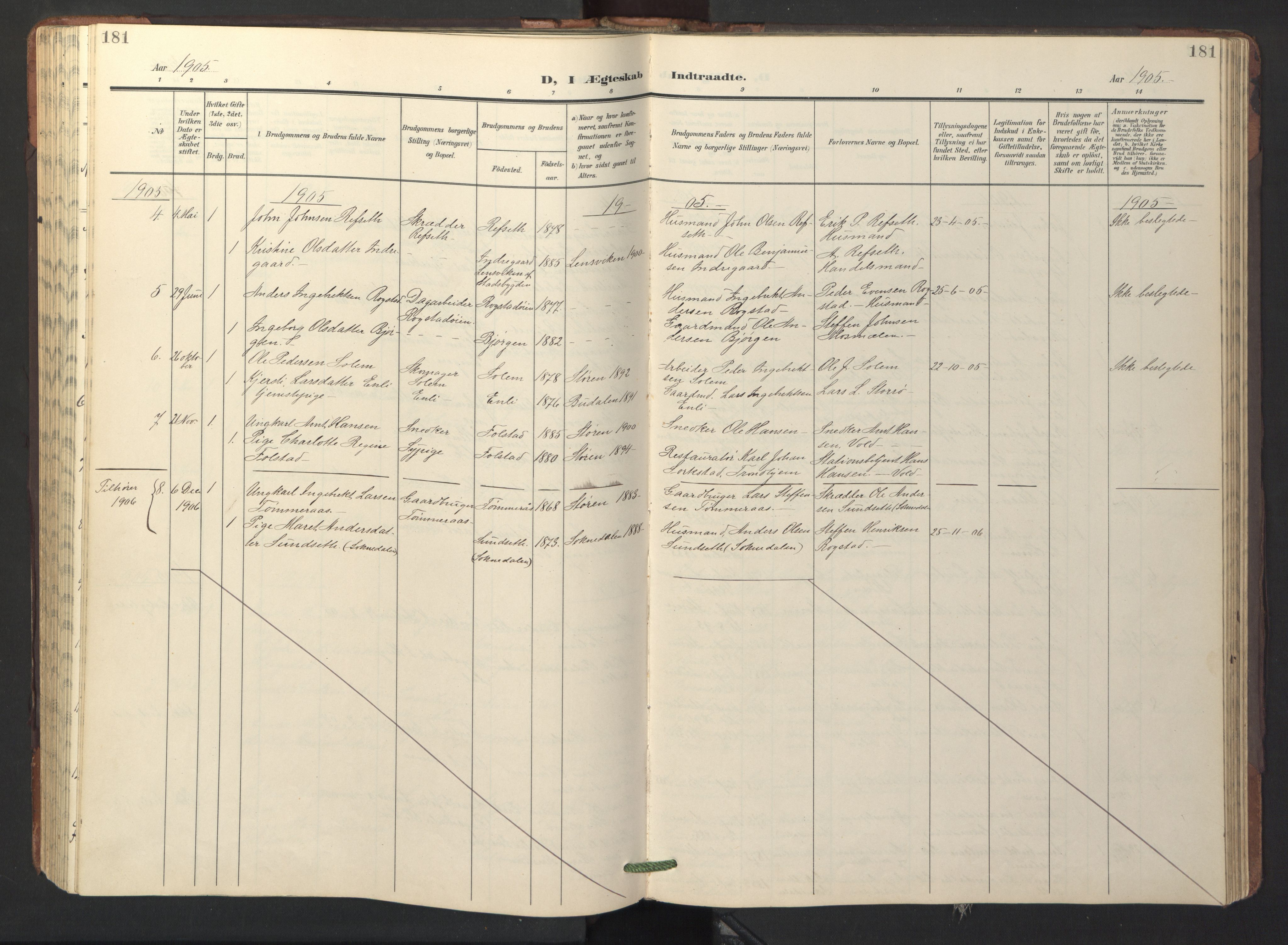 Ministerialprotokoller, klokkerbøker og fødselsregistre - Sør-Trøndelag, AV/SAT-A-1456/687/L1019: Parish register (copy) no. 687C03, 1904-1931, p. 181