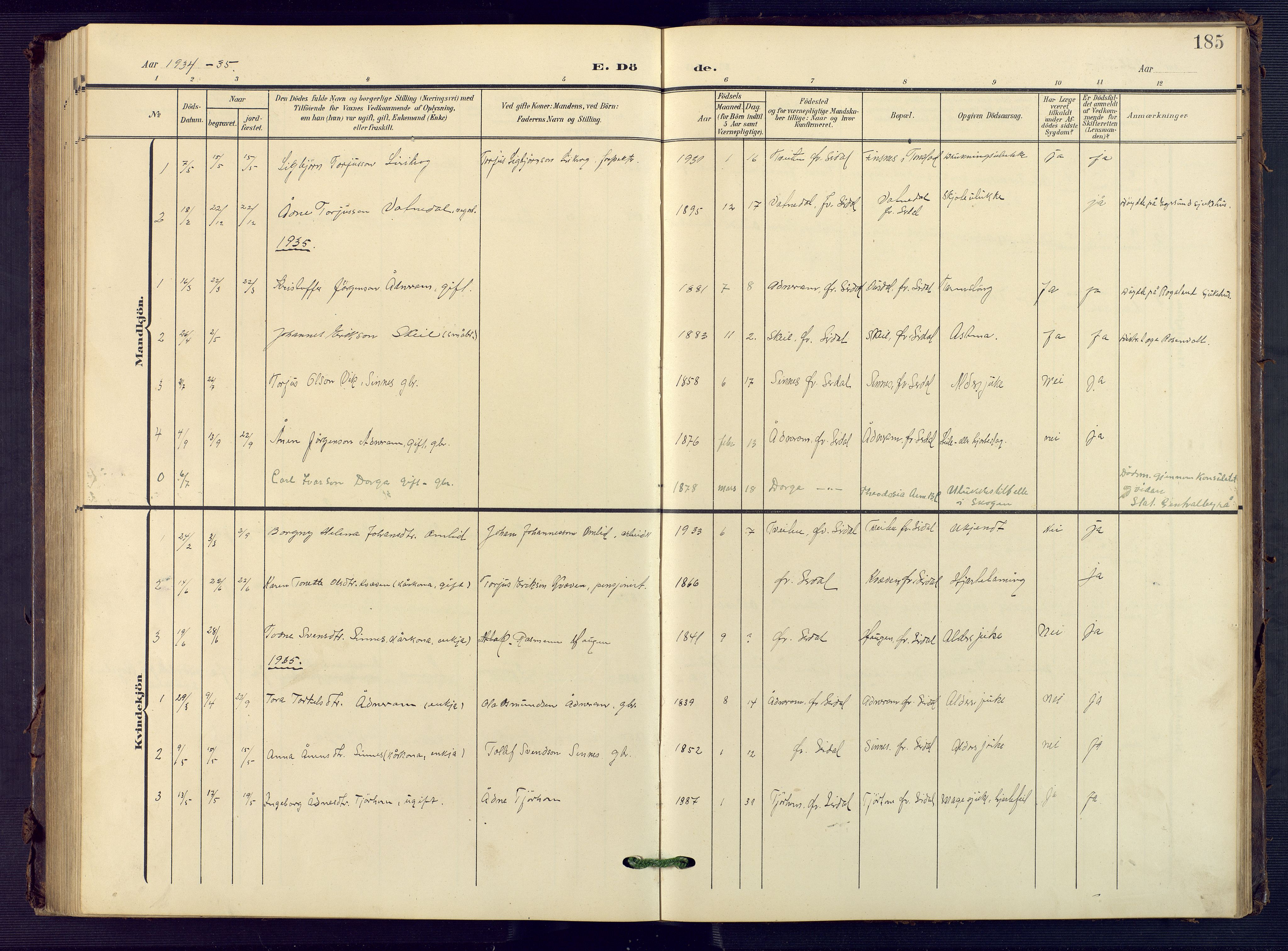 Sirdal sokneprestkontor, SAK/1111-0036/F/Fb/Fba/L0002: Parish register (copy) no. B 2, 1905-1958, p. 185