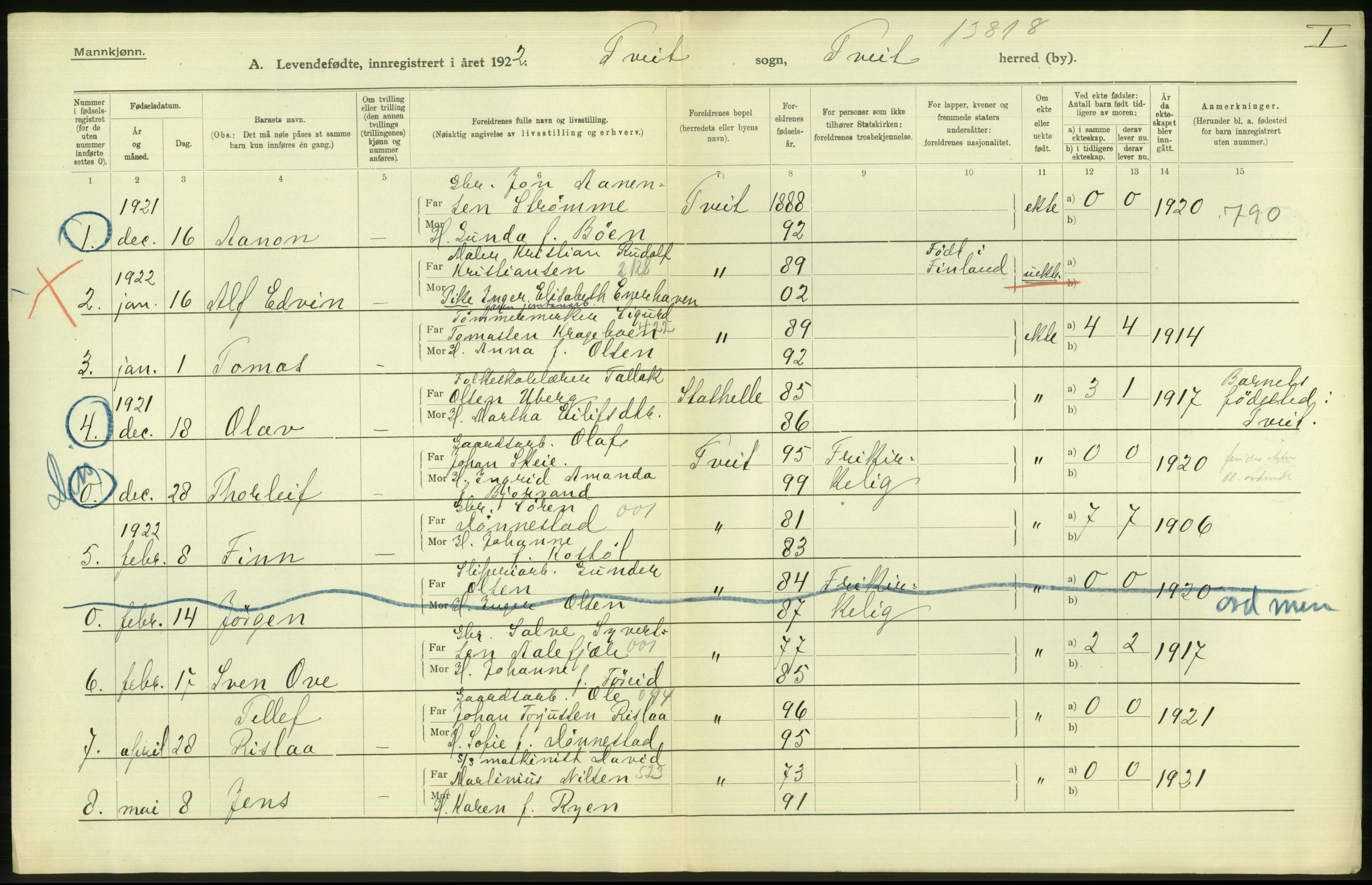 Statistisk sentralbyrå, Sosiodemografiske emner, Befolkning, AV/RA-S-2228/D/Df/Dfc/Dfcb/L0022: Vest-Agder fylke: Levendefødte menn og kvinner, gifte, døde, dødfødte. Bygder og byer., 1922, p. 4