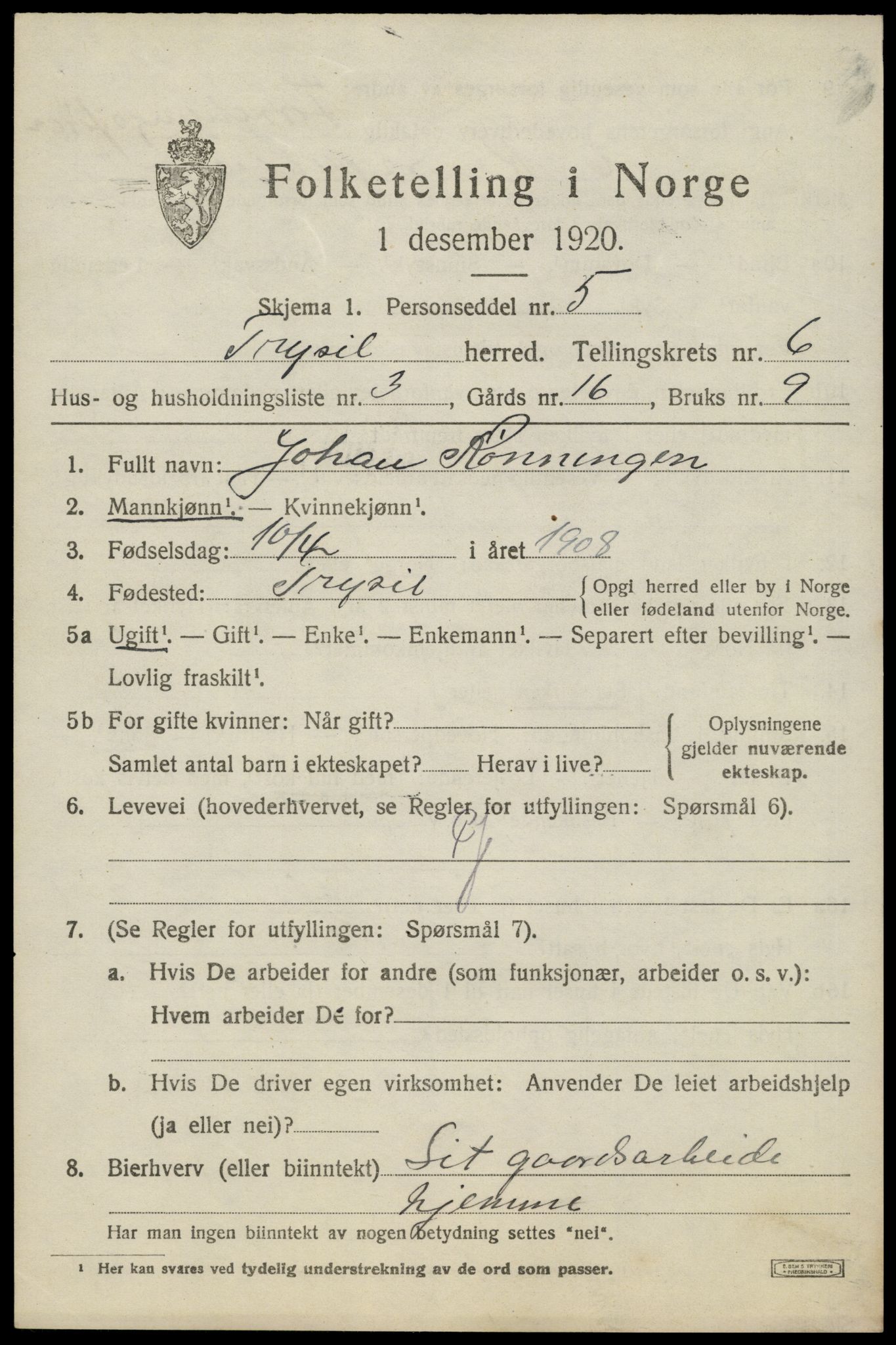 SAH, 1920 census for Trysil, 1920, p. 4575