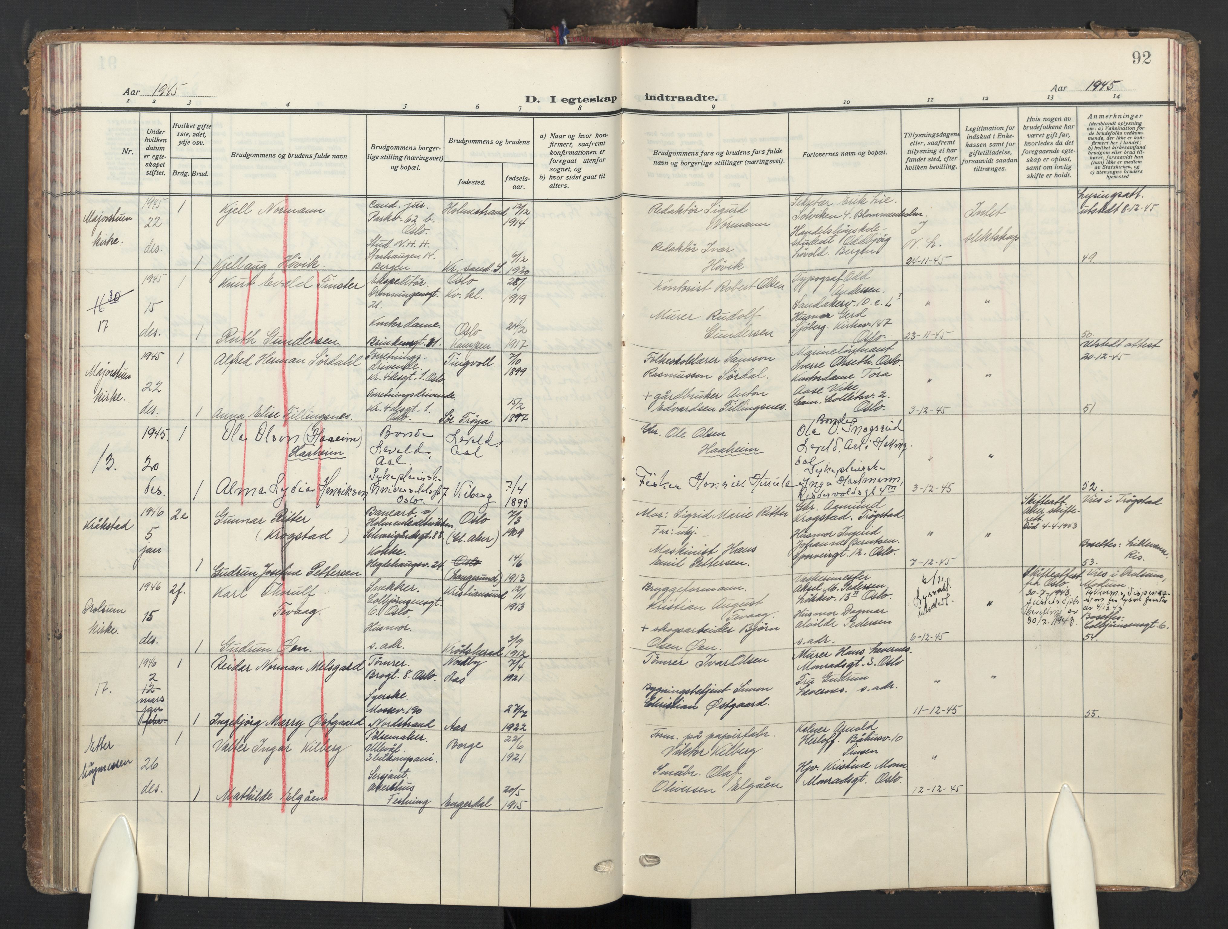 Oslo domkirke Kirkebøker, AV/SAO-A-10752/G/Ga/L0007: Parish register (copy) no. 7, 1937-1951, p. 92