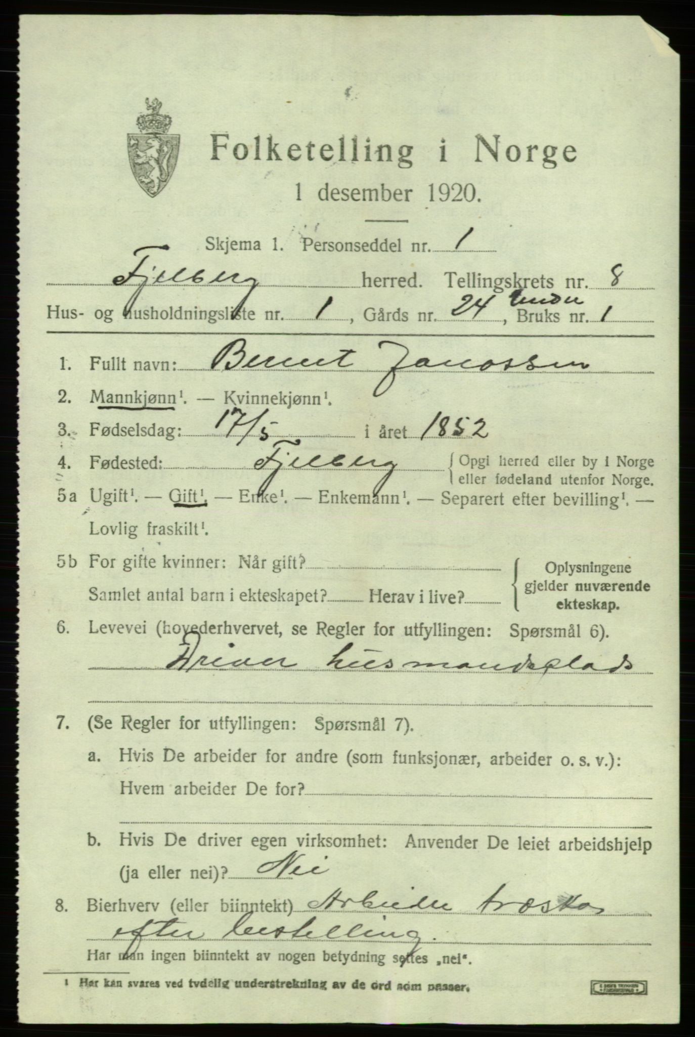 SAB, 1920 census for Fjelberg, 1920, p. 3279