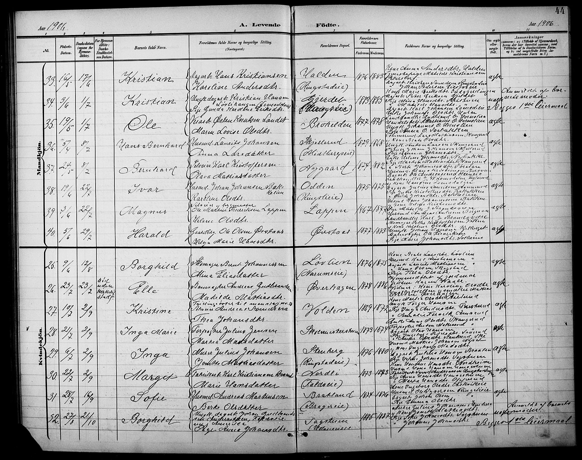 Søndre Land prestekontor, AV/SAH-PREST-122/L/L0004: Parish register (copy) no. 4, 1901-1915, p. 44