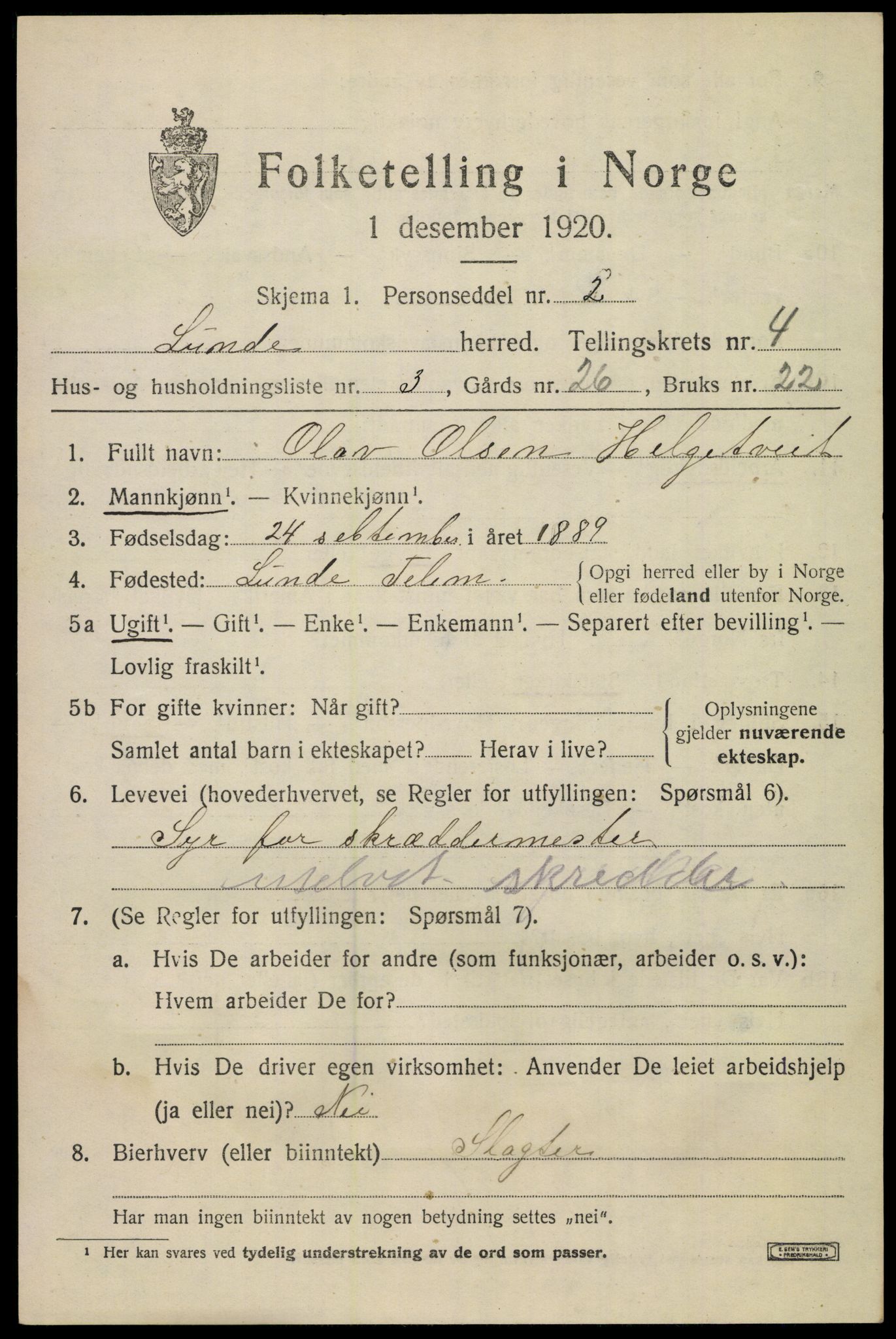 SAKO, 1920 census for Lunde, 1920, p. 3003