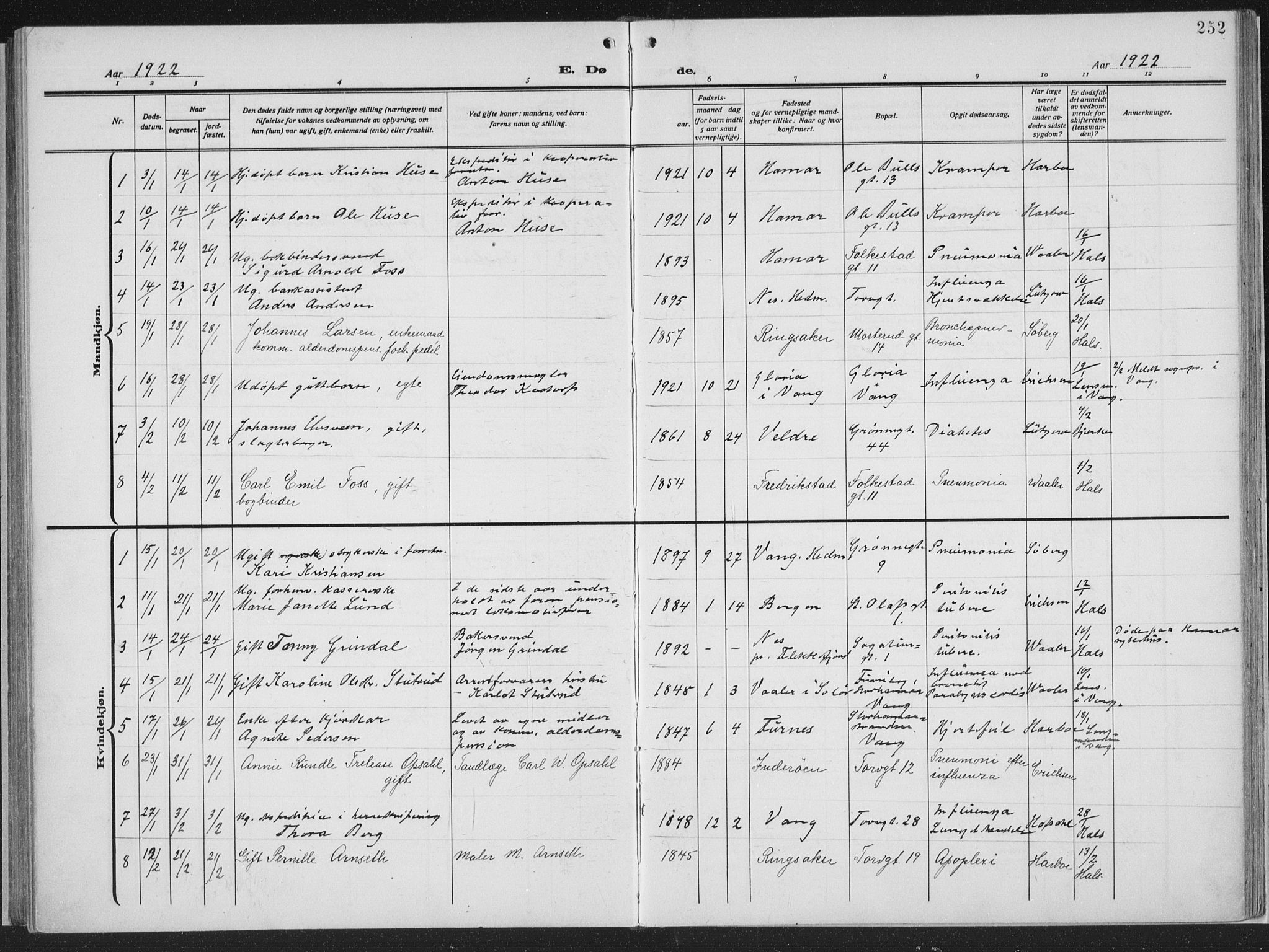 Hamar prestekontor, AV/SAH-DOMPH-002/H/Ha/Haa/L0002: Parish register (official) no. 2, 1915-1936, p. 252