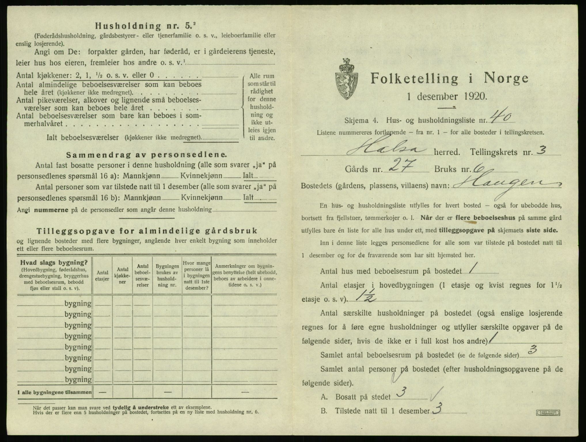 SAT, 1920 census for Halsa, 1920, p. 222