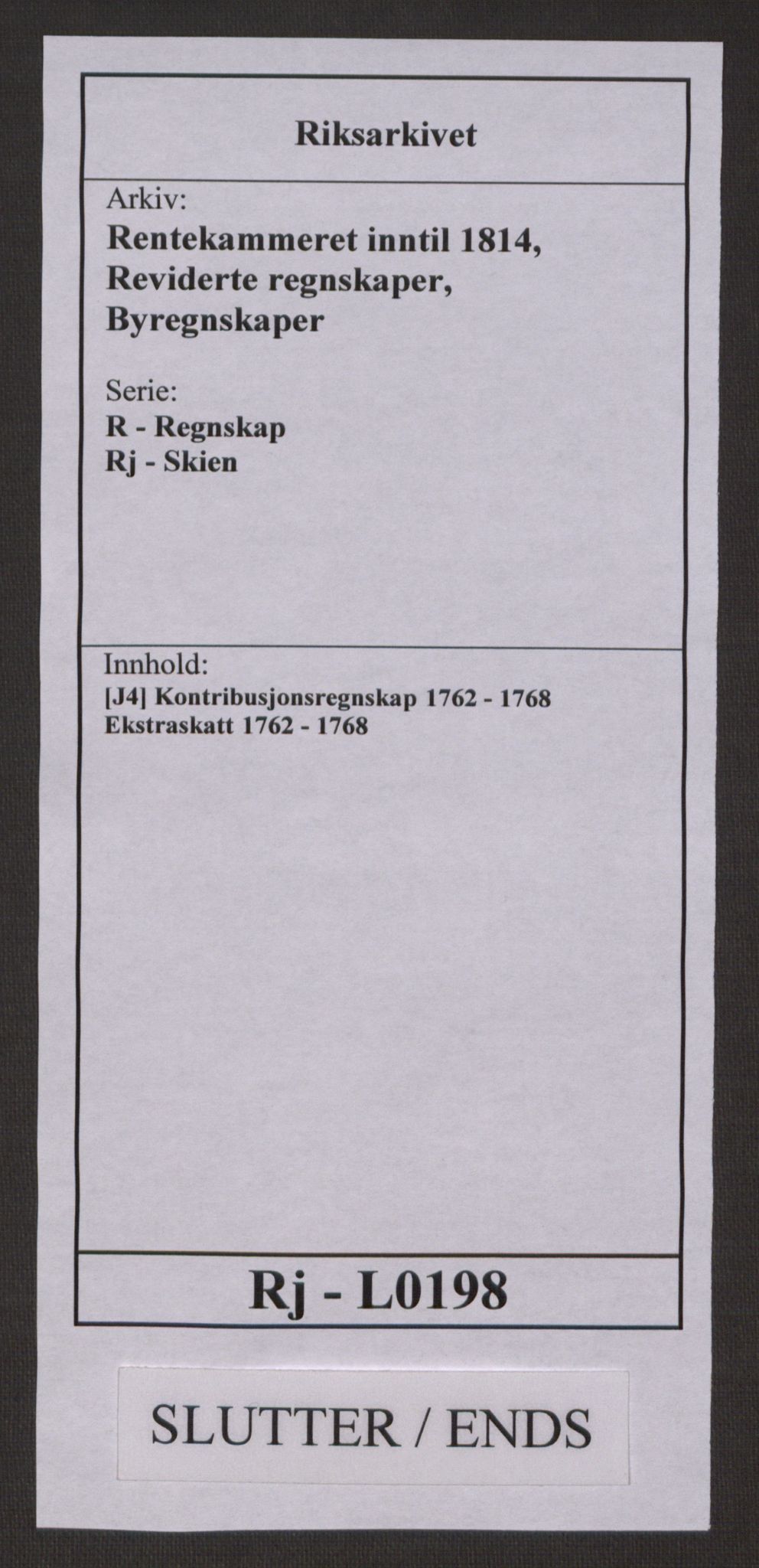 Rentekammeret inntil 1814, Reviderte regnskaper, Byregnskaper, RA/EA-4066/R/Rj/L0198/0001: [J4] Kontribusjonsregnskap / Ekstraskatt, 1762-1768, p. 527