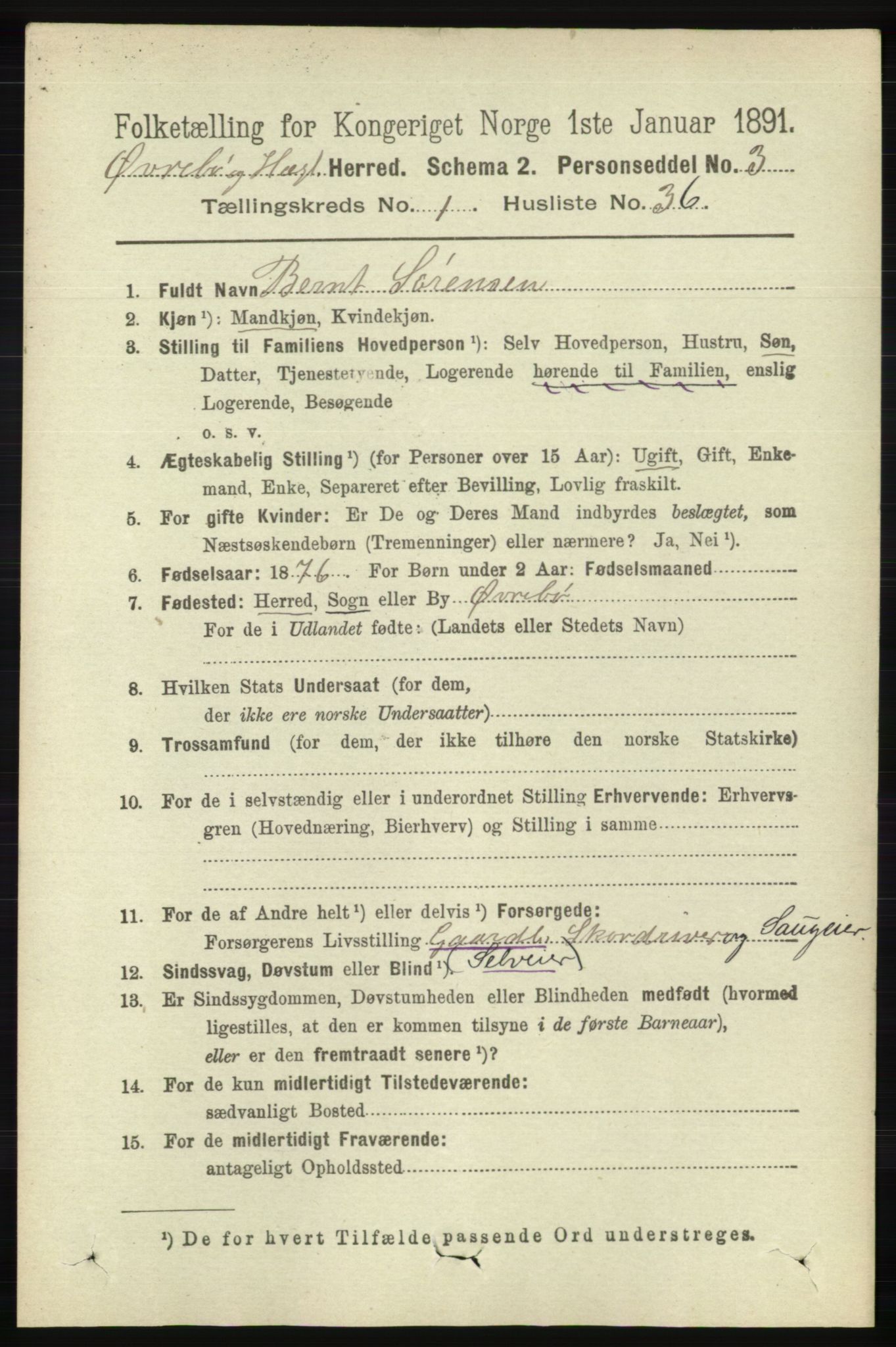 RA, 1891 census for 1016 Øvrebø og Hægeland, 1891, p. 269