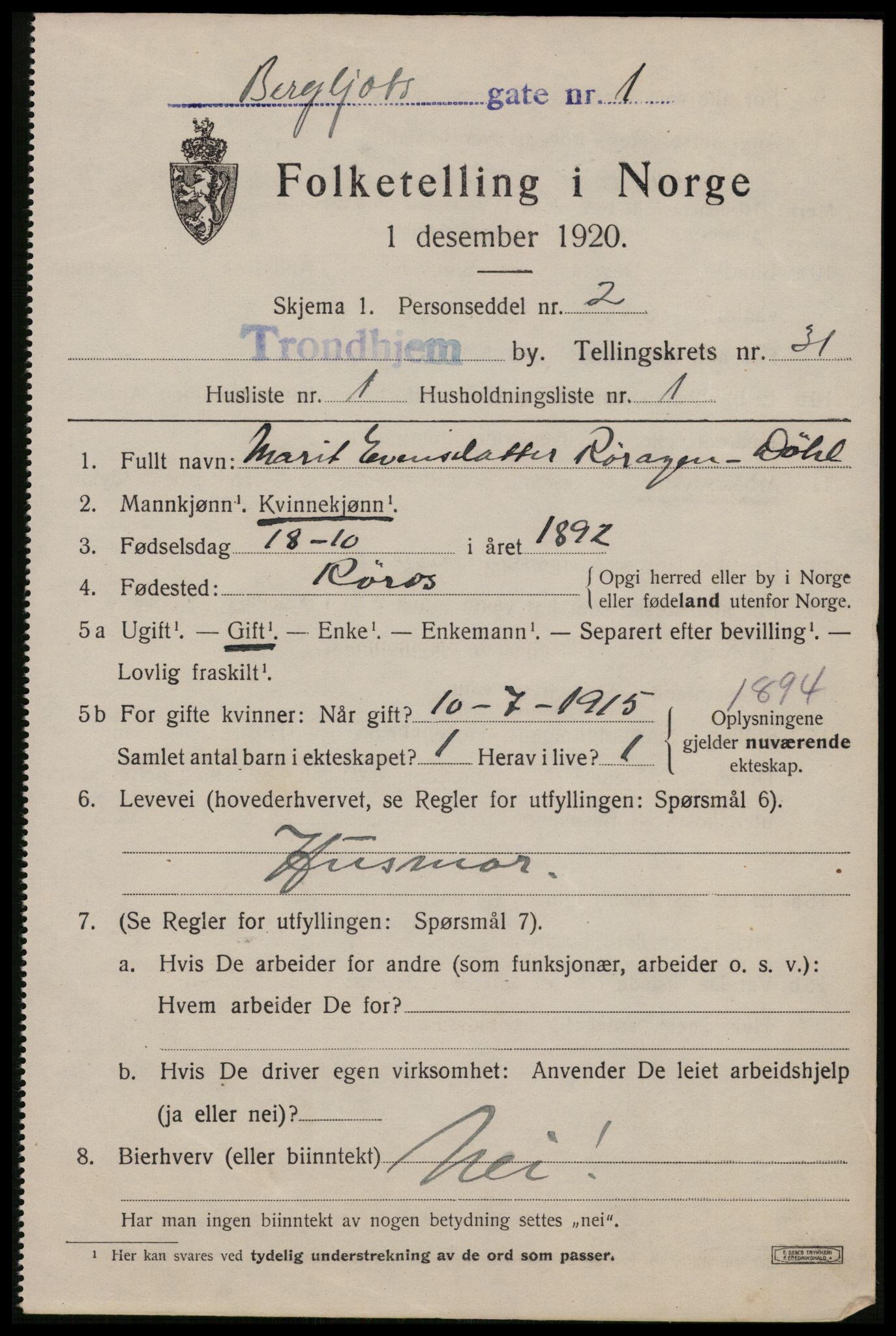 SAT, 1920 census for Trondheim, 1920, p. 76182