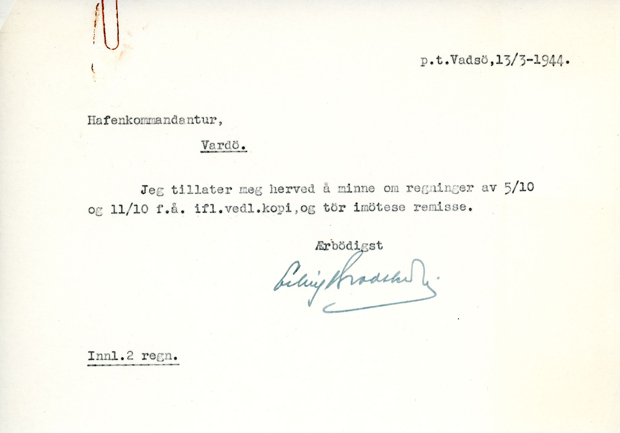 Erling Brodtkorb, Vardø, VAMU/A-0065/D/L0001/0009: Saksdokumenter / Wechrmacht. Ubetalte regninger etter Wechrmacht, 1940-1945