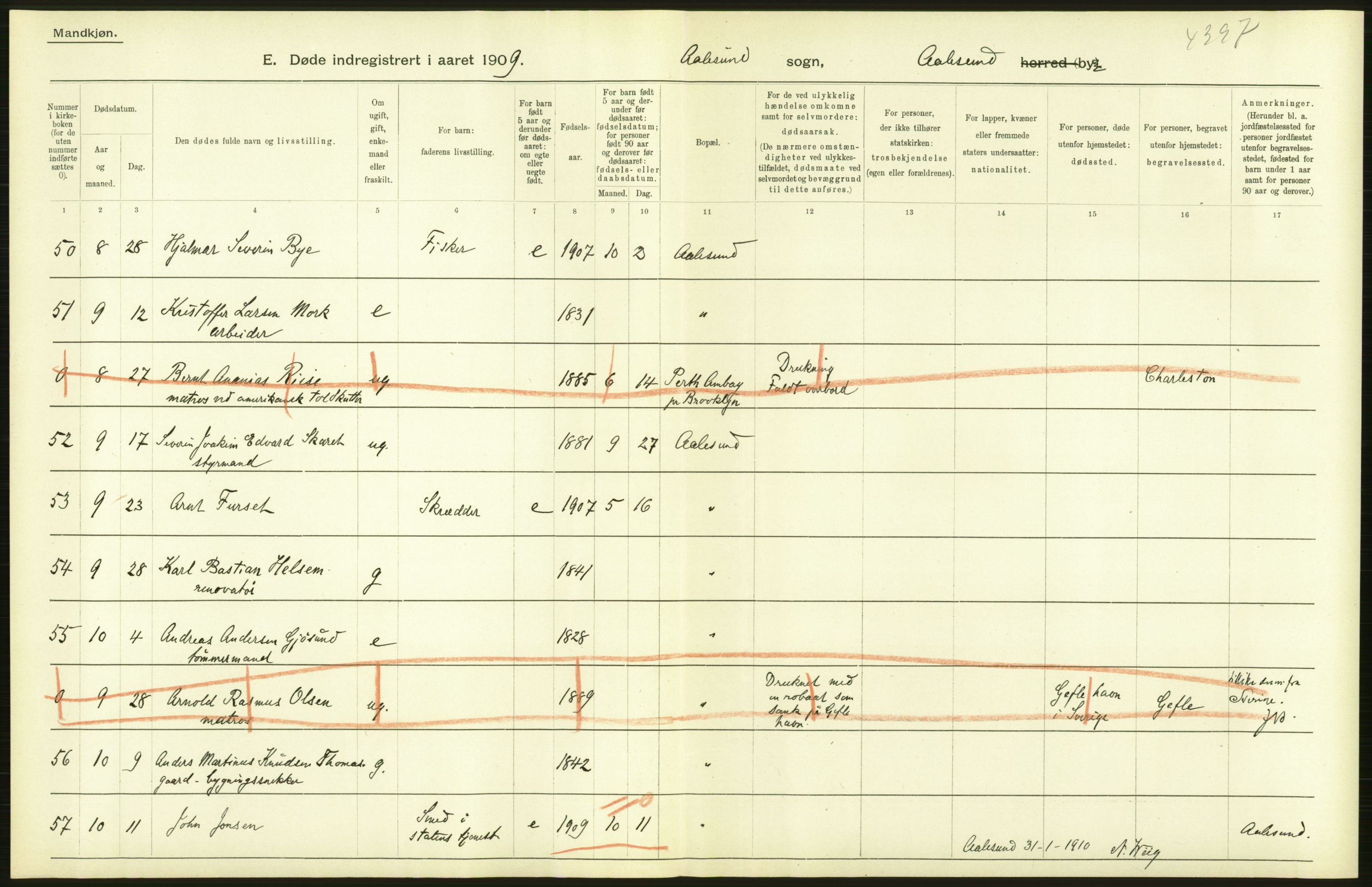 Statistisk sentralbyrå, Sosiodemografiske emner, Befolkning, AV/RA-S-2228/D/Df/Dfa/Dfag/L0038: Romsdals amt: Døde. Bygder og byer., 1909, p. 74