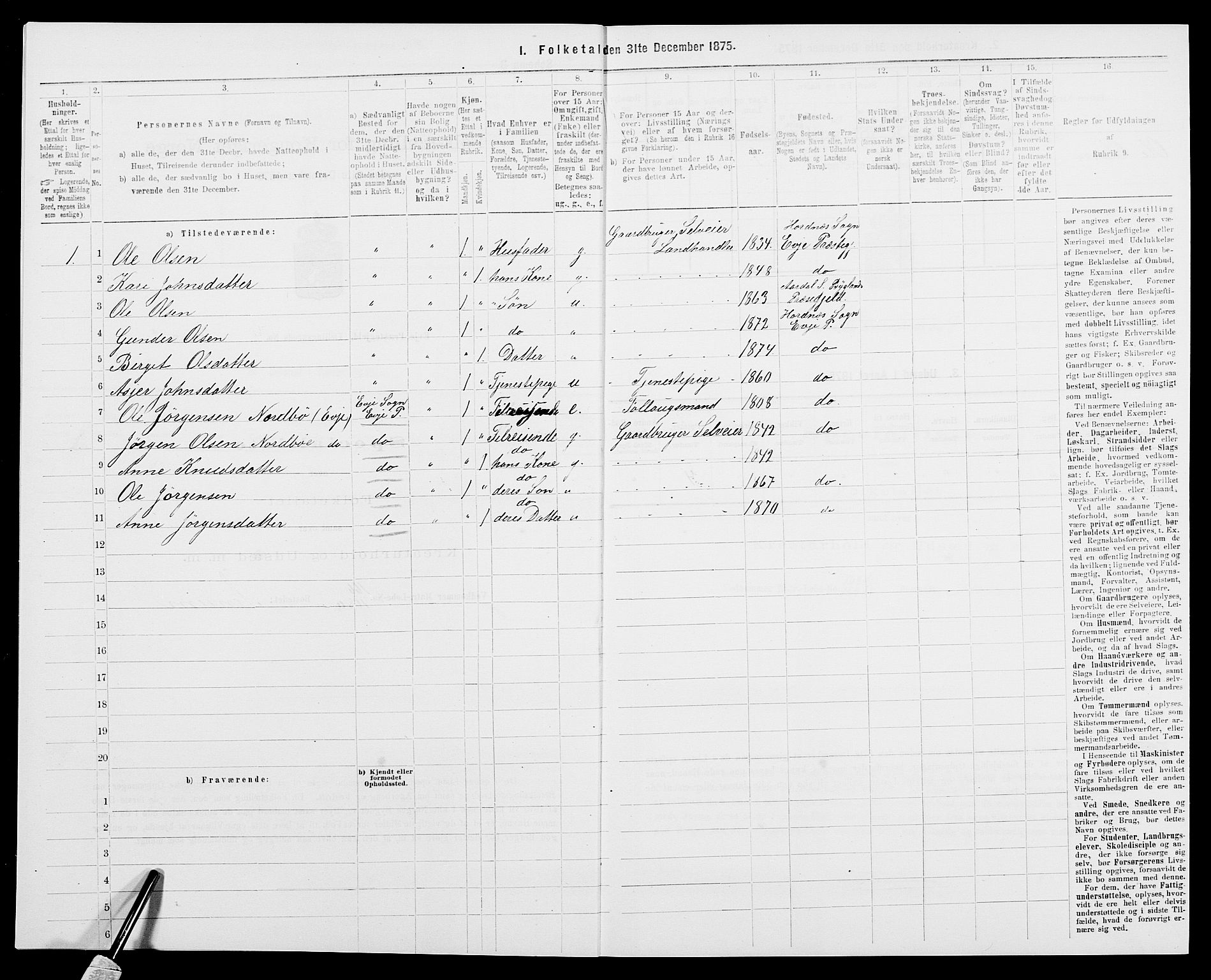 SAK, 1875 census for 0934P Evje, 1875, p. 325