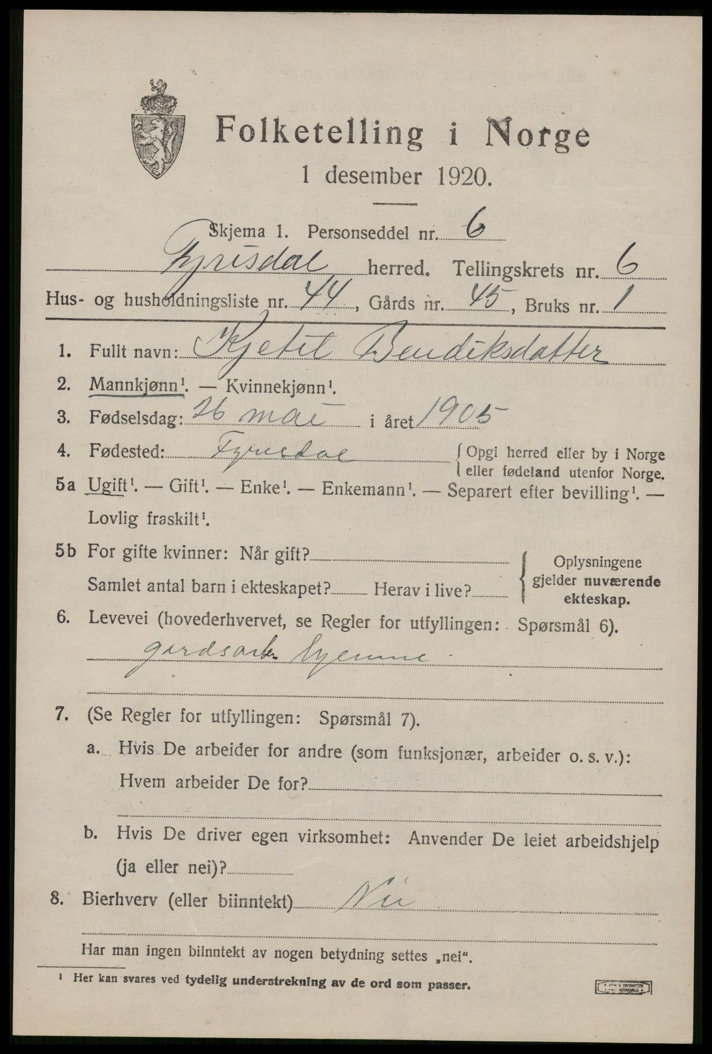 SAKO, 1920 census for Fyresdal, 1920, p. 2661