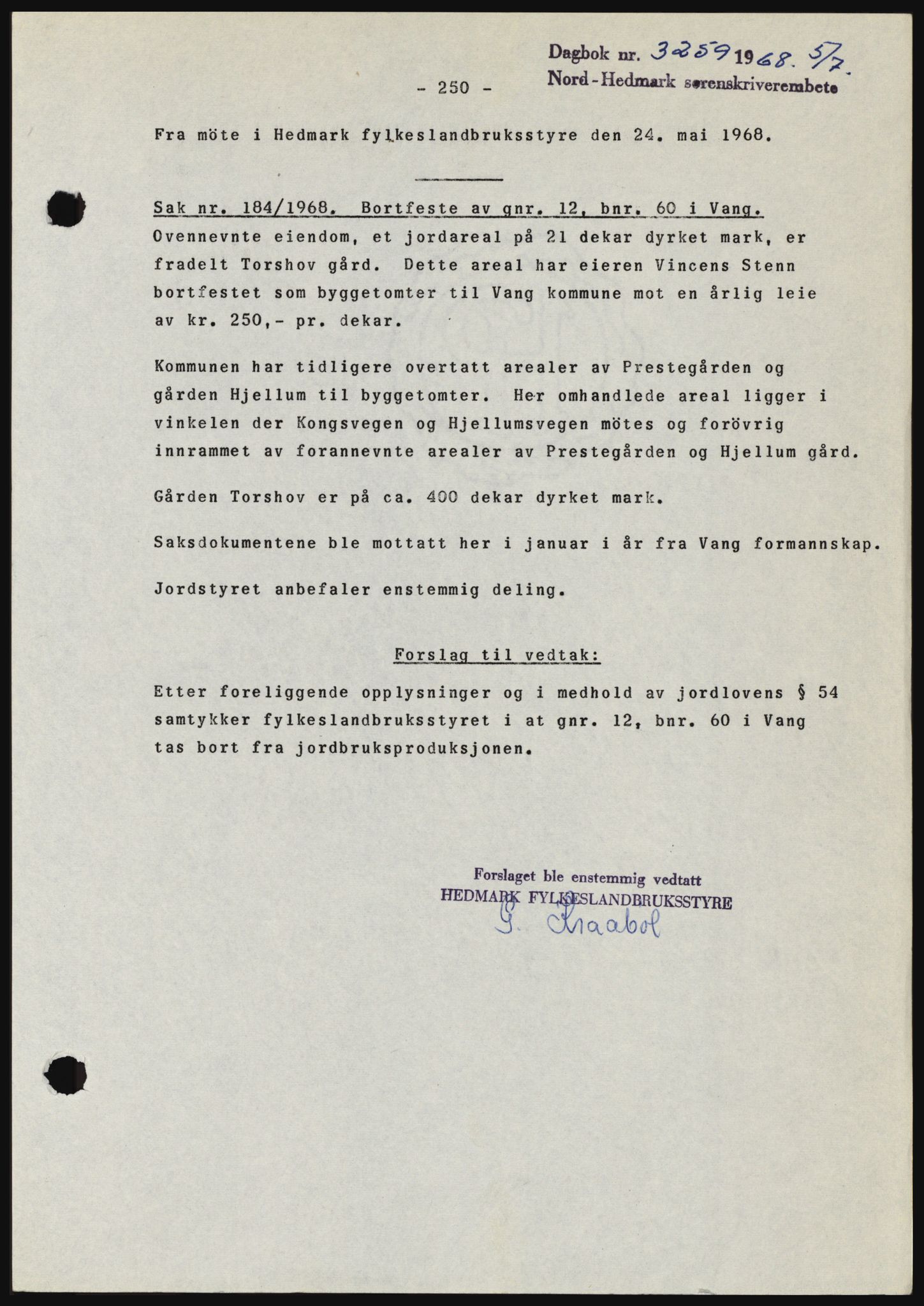 Nord-Hedmark sorenskriveri, SAH/TING-012/H/Hc/L0028: Mortgage book no. 28, 1968-1968, Diary no: : 3259/1968
