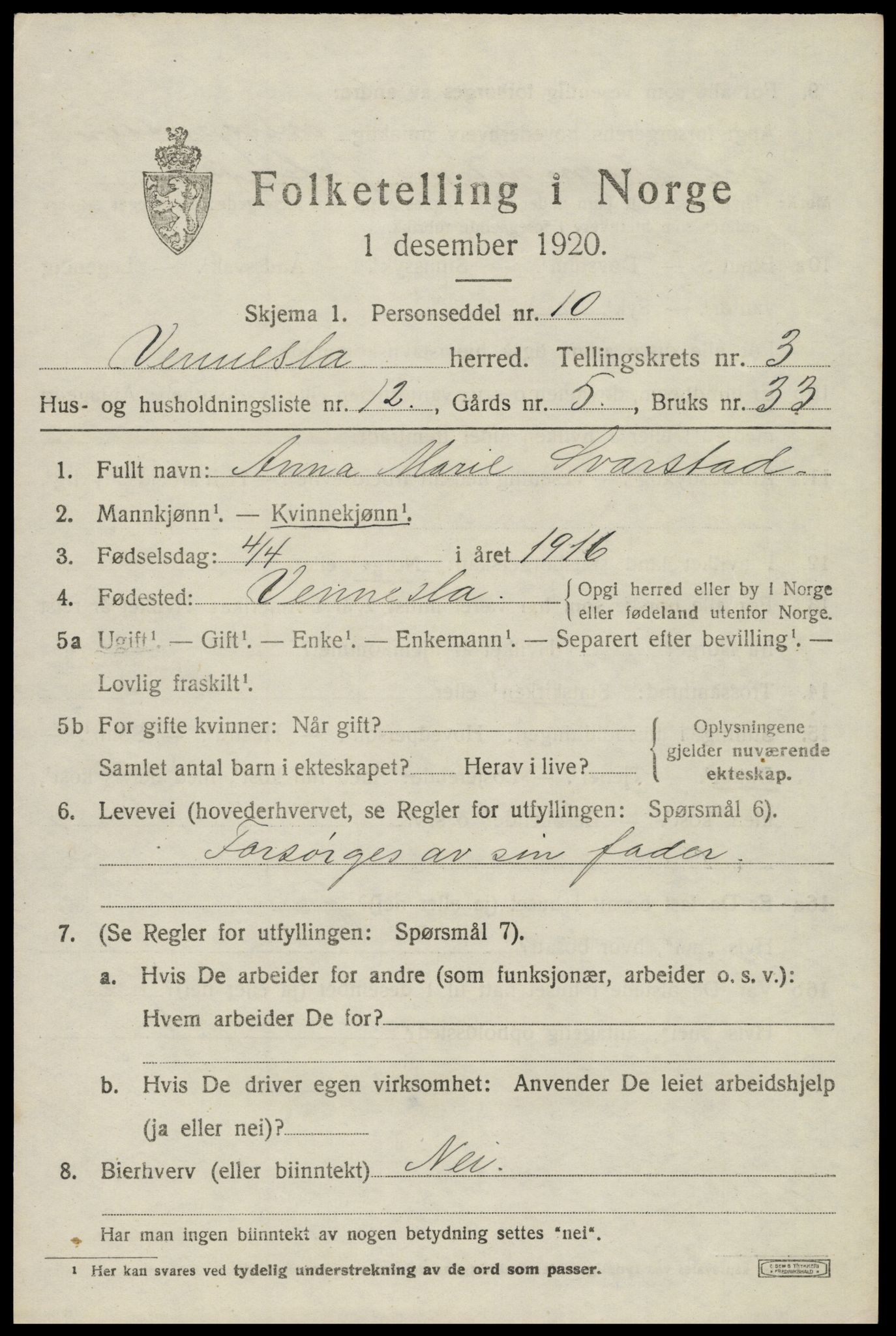 SAK, 1920 census for Vennesla, 1920, p. 2366